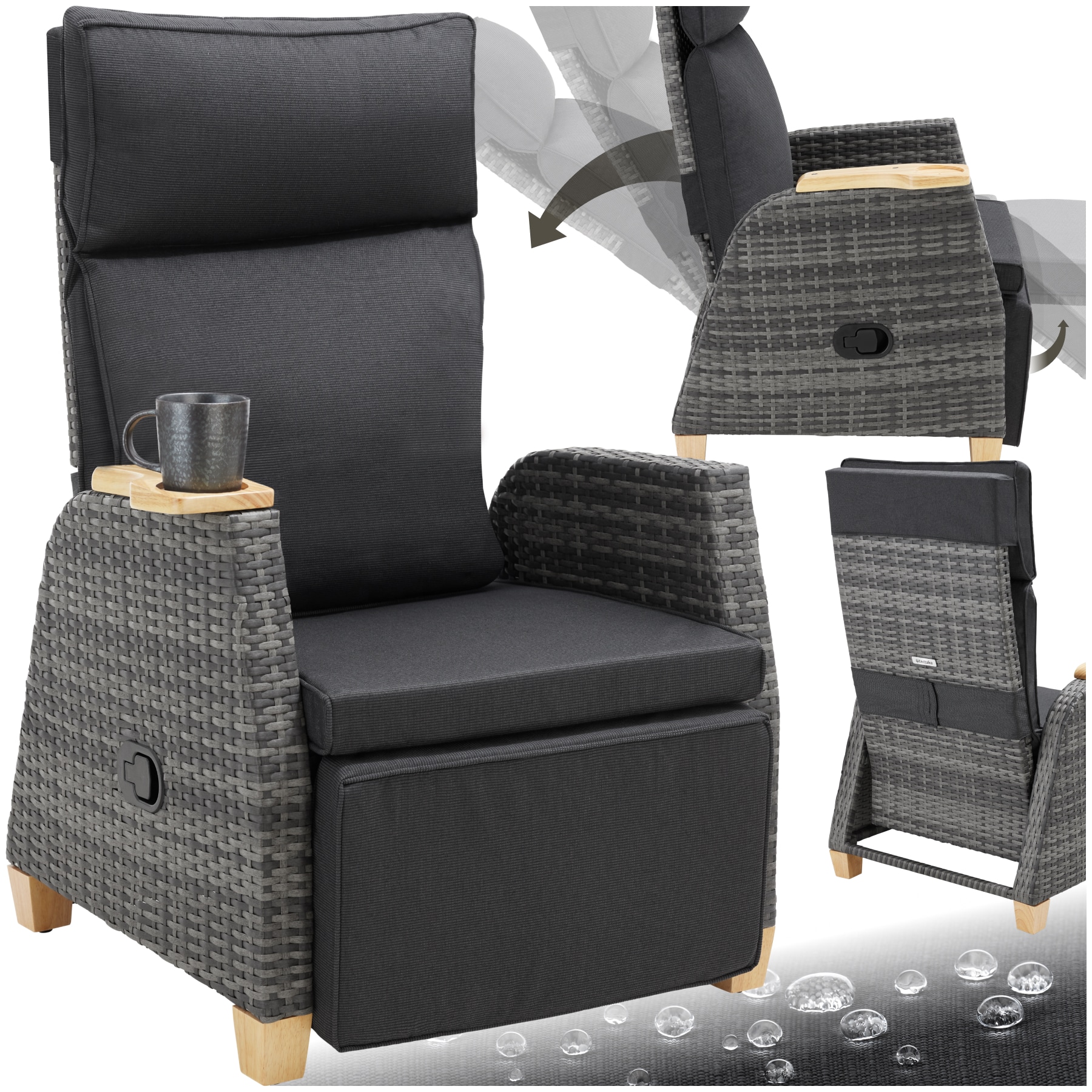 tectake&reg; Rattansessel, mit Aluminiumgestell, verstellbare R&uuml;ckenlehne und Fu&szlig;ablage, dicke Polsterung, 68,5 x 67 - 128 x 87 - 104 cm - Bild 1