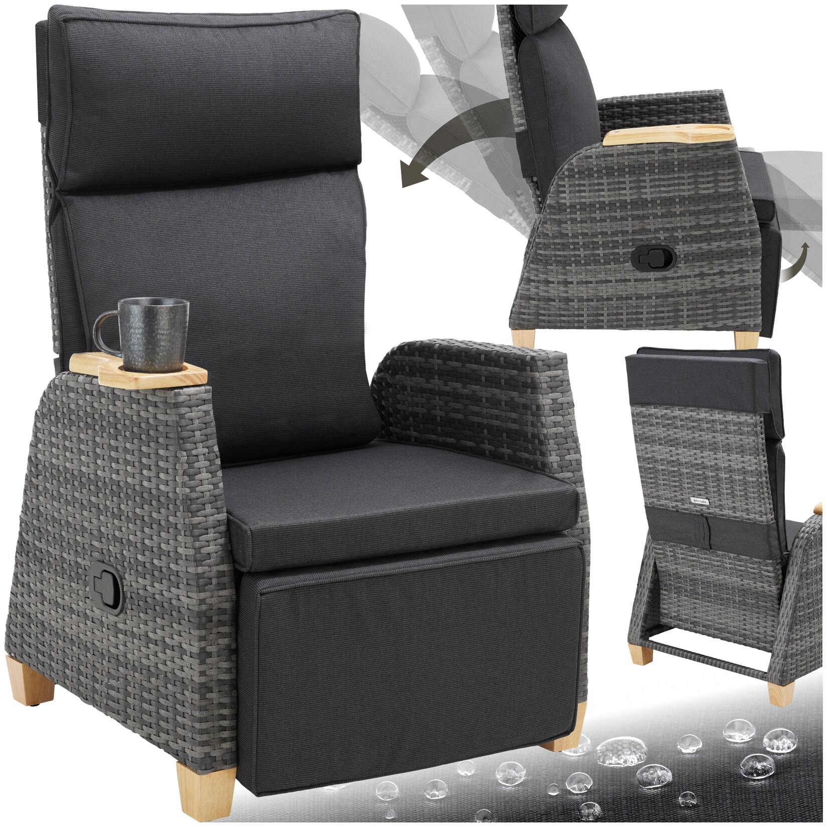 tectake® Aluminium Rattansessel, wetterfest und UV-beständig, dicke Polsterung, 68,5 x 67 – 129 x 89 – 106 cm