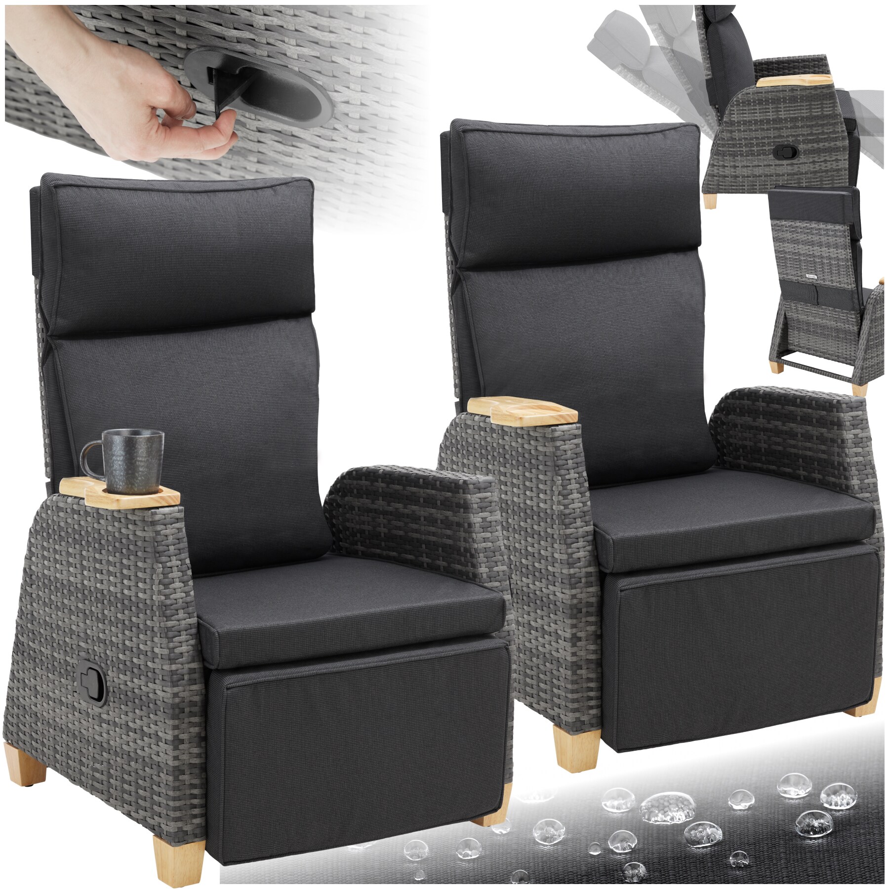 tectake&reg; Aluminium Rattansessel, wetterfest und UV-best&auml;ndig, dicke Polsterung, 68,5 x 67 - 128 x 87 - 104 cm - Bild 1