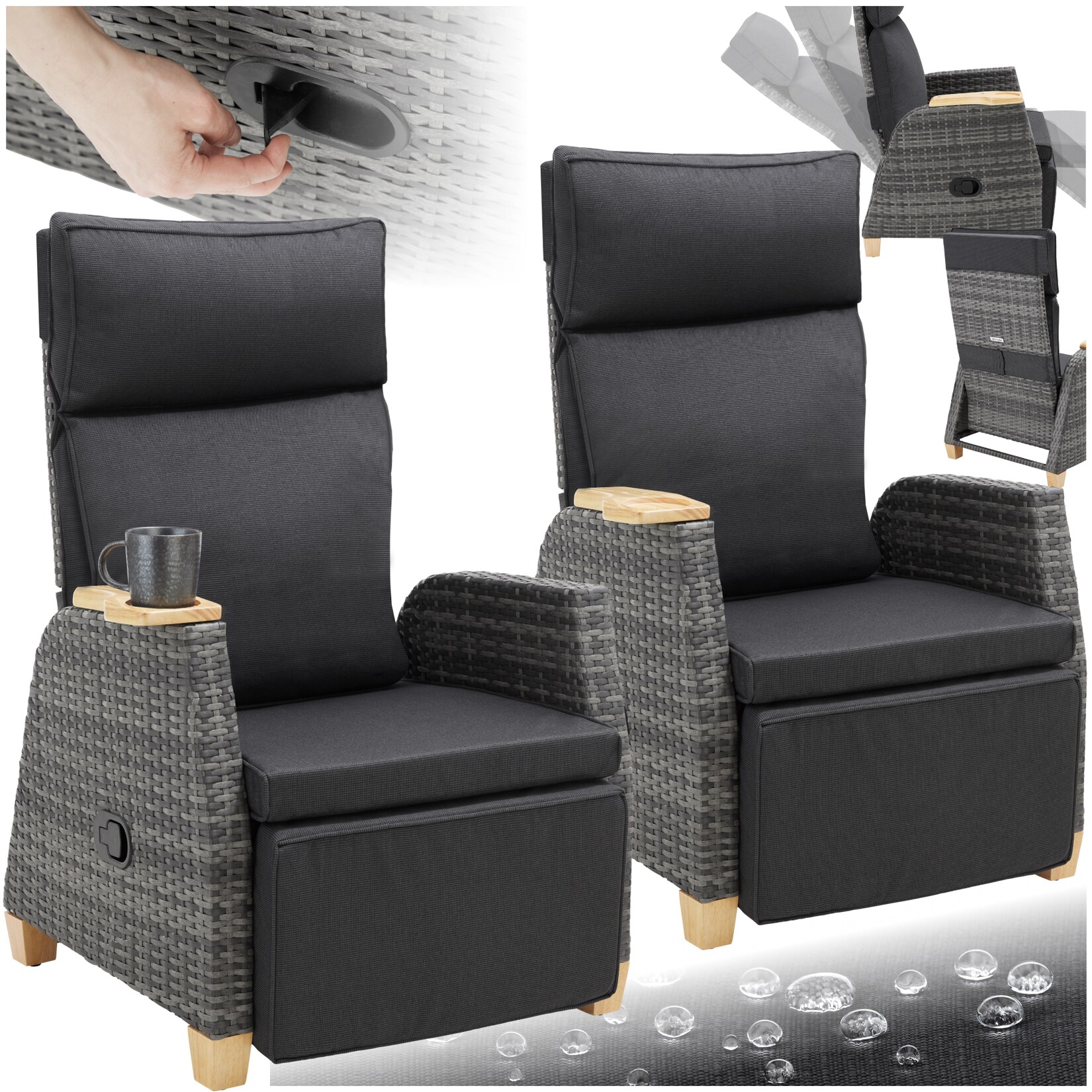 tectake® Rattansessel, mit Aluminiumgestell, verstellbare Rückenlehne und Fußablage, dicke Polsterung, 68,5 x 67 – 128 x 87 – 104 cm | 04061173302410