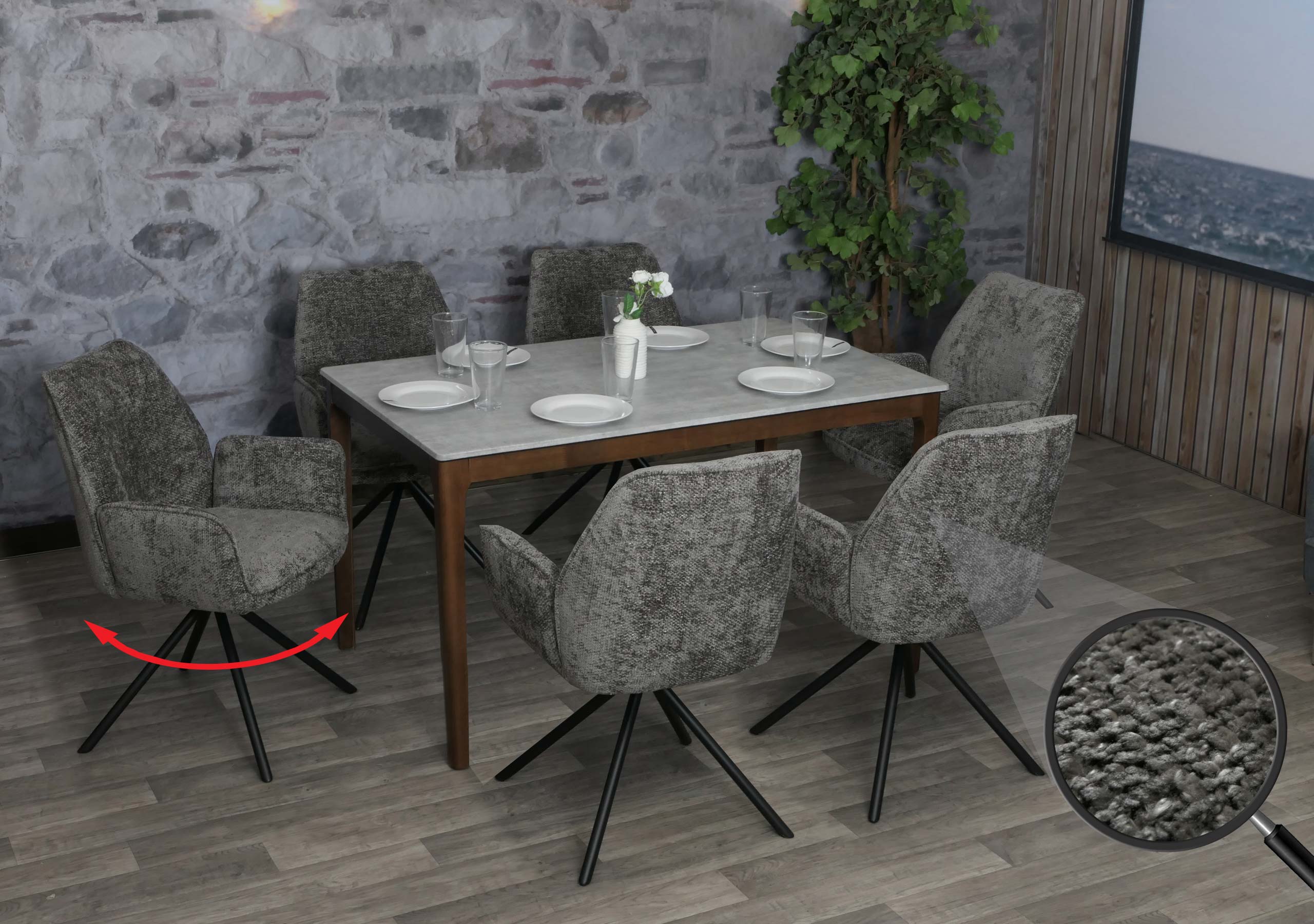 6er-Set Esszimmerstuhl MCW-G67, K&uuml;chenstuhl Stuhl mit Armlehne, drehbar Auto-Position, Chenille &Ouml;ko-Tex MVG ~ dunkelgrau - Bild 1