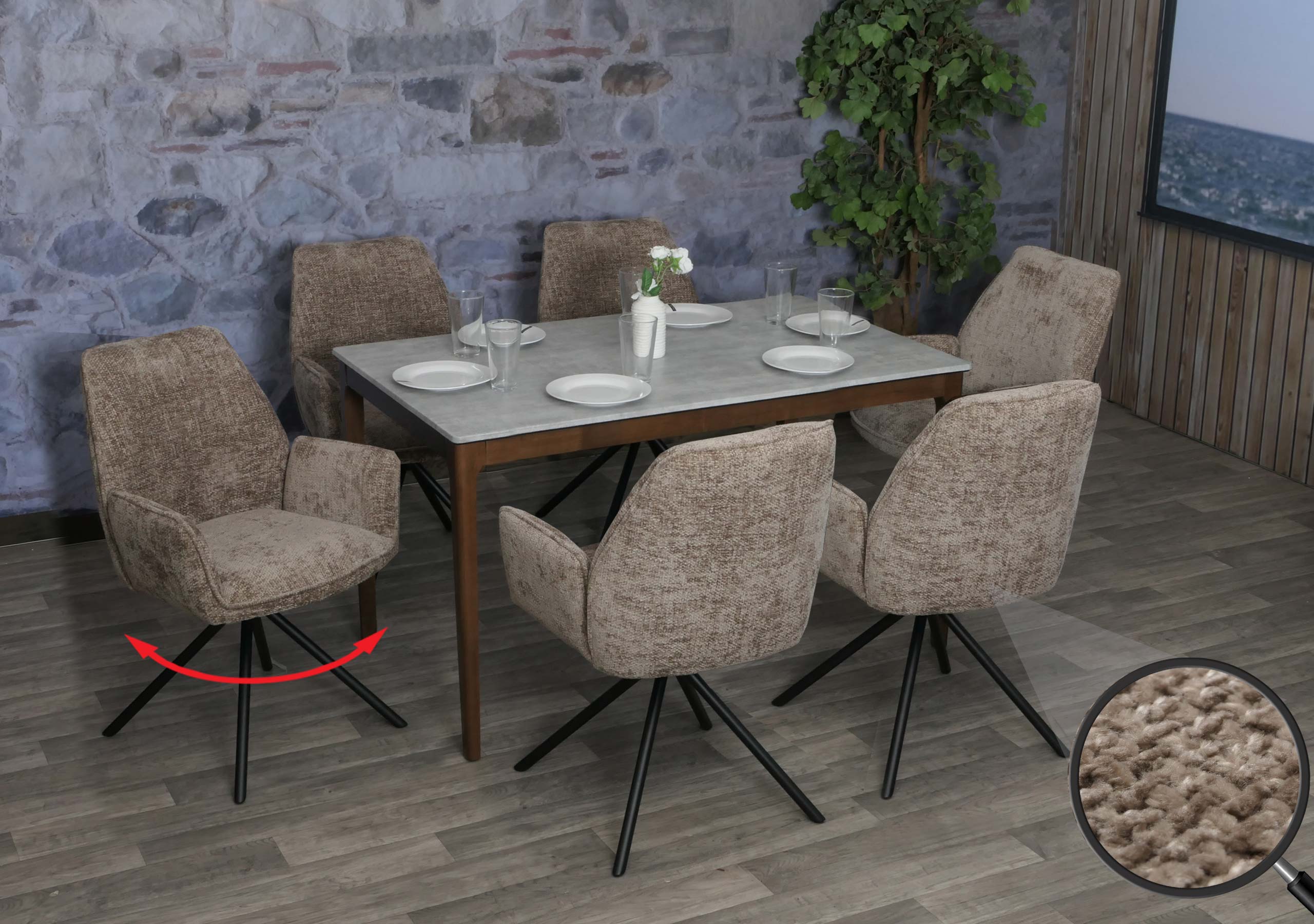 6er-Set Esszimmerstuhl MCW-G67, K&uuml;chenstuhl Stuhl mit Armlehne, drehbar Auto-Position, Chenille &Ouml;ko-Tex MVG ~ braun - Bild 1