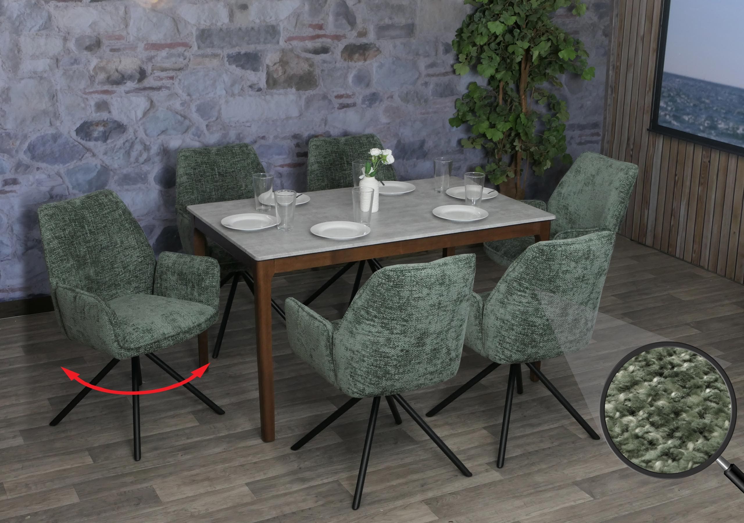 6er-Set Esszimmerstuhl MCW-G67, K&uuml;chenstuhl Stuhl mit Armlehne, drehbar Auto-Position, Chenille &Ouml;ko-Tex MVG ~ gr&uuml;n - Bild 1