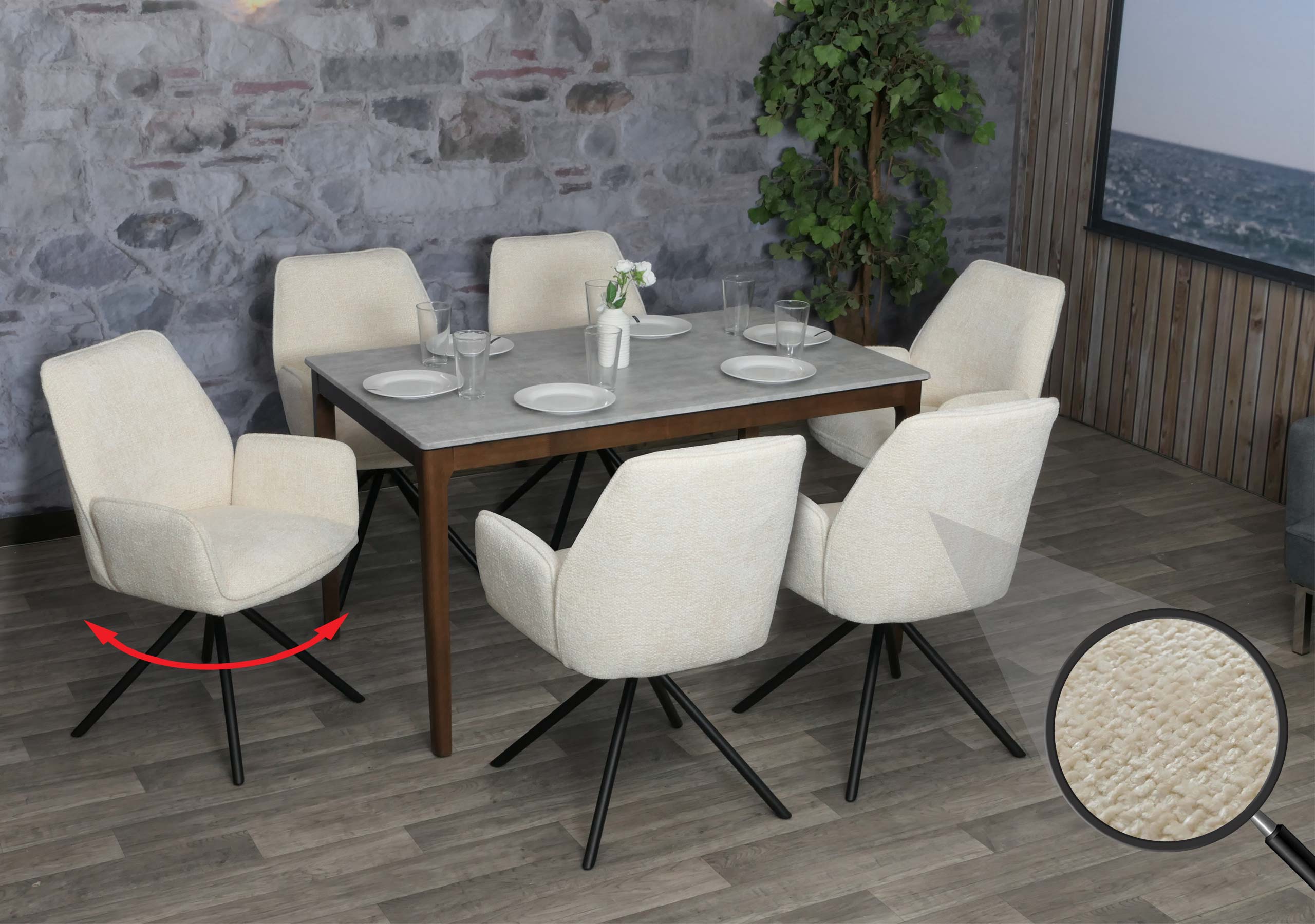 6er-Set Esszimmerstuhl MCW-G67, K&uuml;chenstuhl Stuhl mit Armlehne, drehbar Auto-Position, Chenille &Ouml;ko-Tex MVG ~ creme - Bild 1