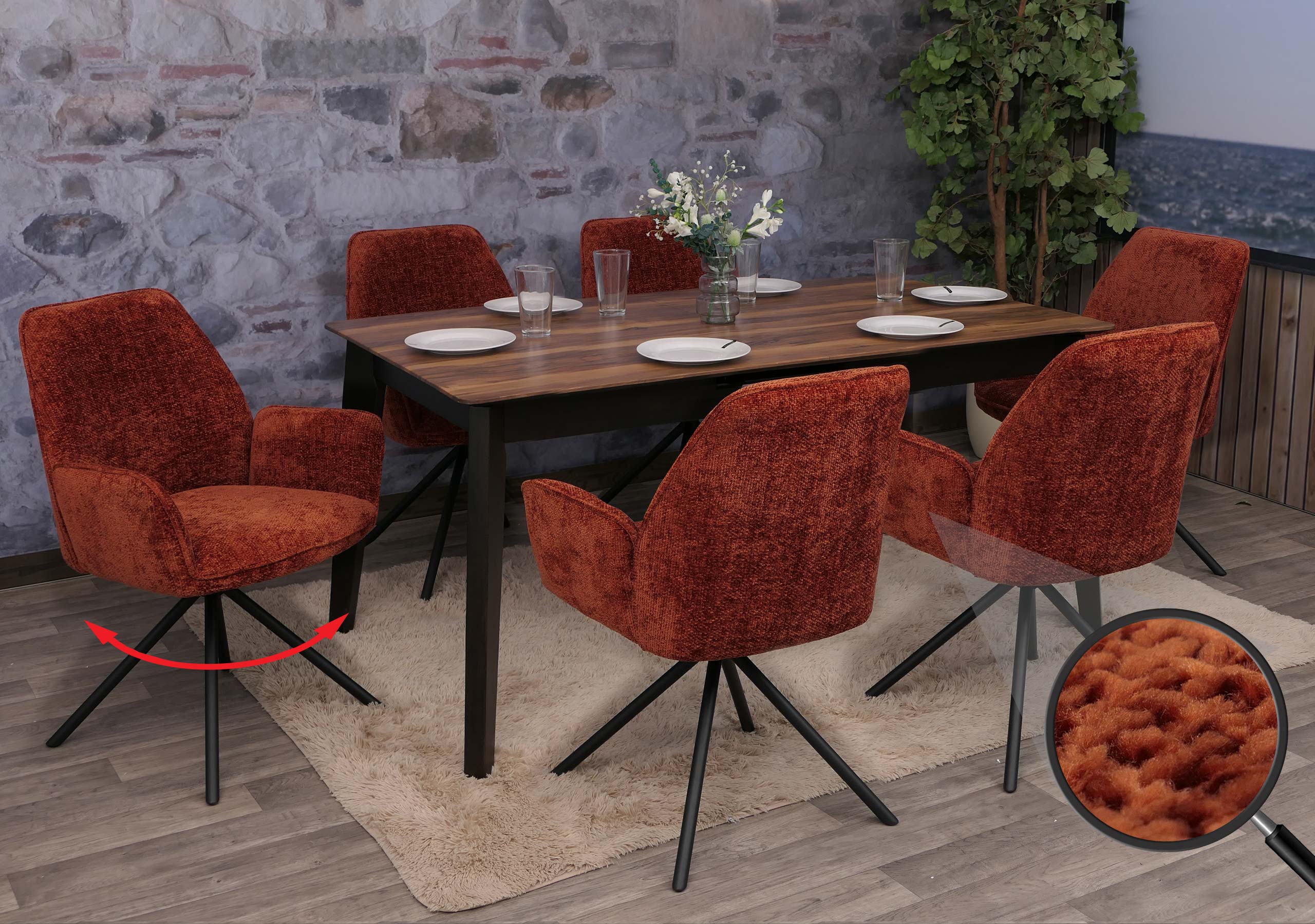 6er-Set Esszimmerstuhl MCW-G67, K&uuml;chenstuhl Stuhl mit Armlehne, drehbar Auto-Position, Chenille &Ouml;ko-Tex MVG ~ rostrot - Bild 1