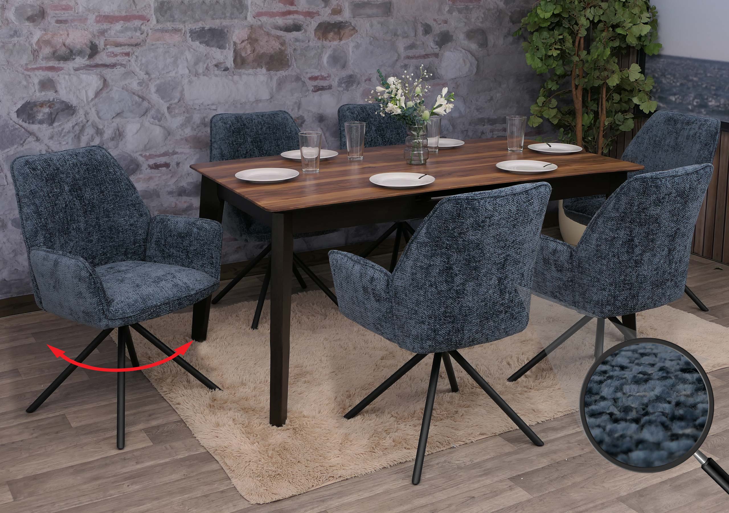 6er-Set Esszimmerstuhl MCW-G67, K&uuml;chenstuhl Stuhl mit Armlehne, drehbar Auto-Position, Chenille &Ouml;ko-Tex MVG ~ dunkelblau - Bild 1