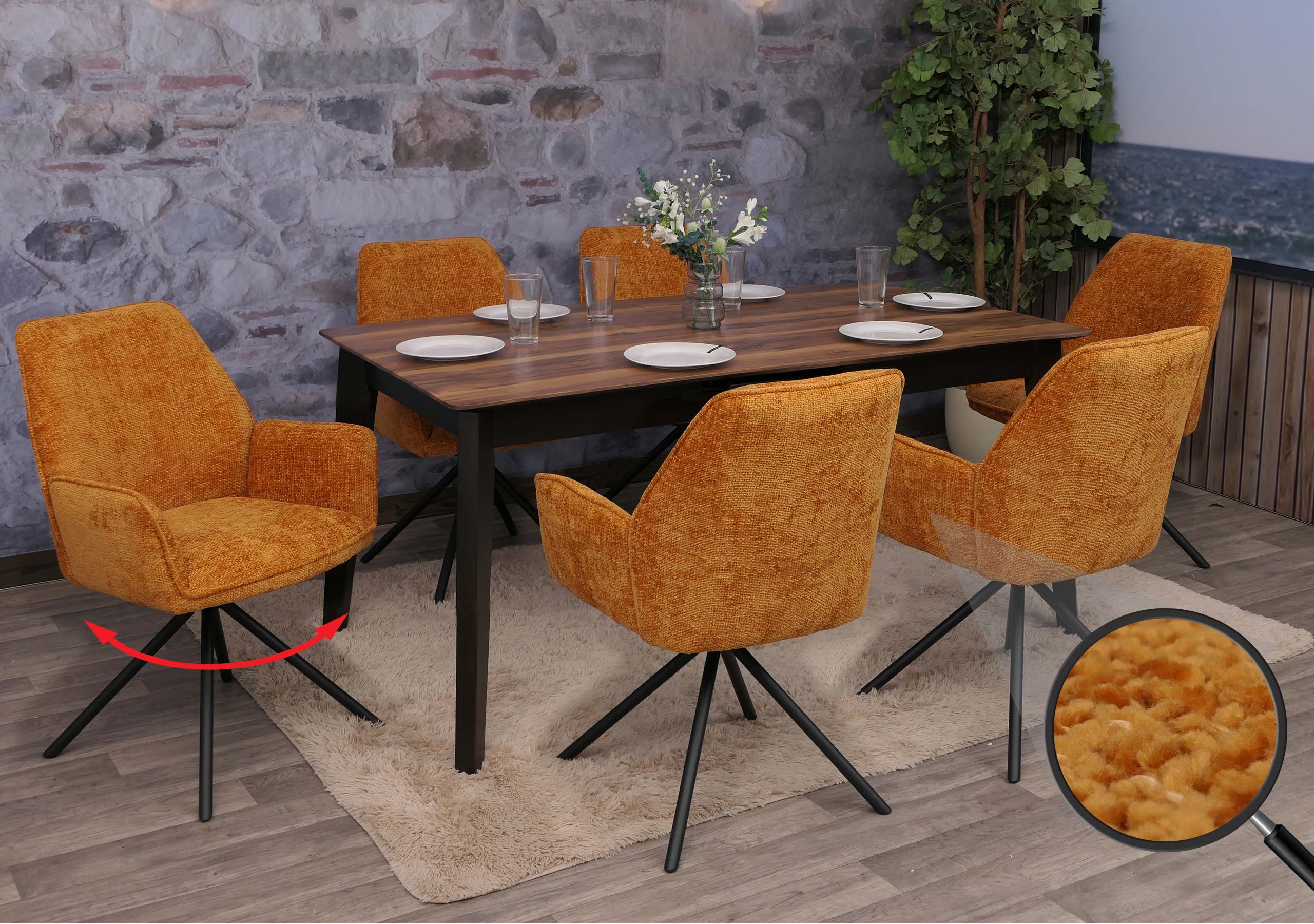 6er-Set Esszimmerstuhl MCW-G67, K&uuml;chenstuhl Stuhl mit Armlehne, drehbar Auto-Position, Chenille &Ouml;ko-Tex MVG ~ senfgelb - Bild 1