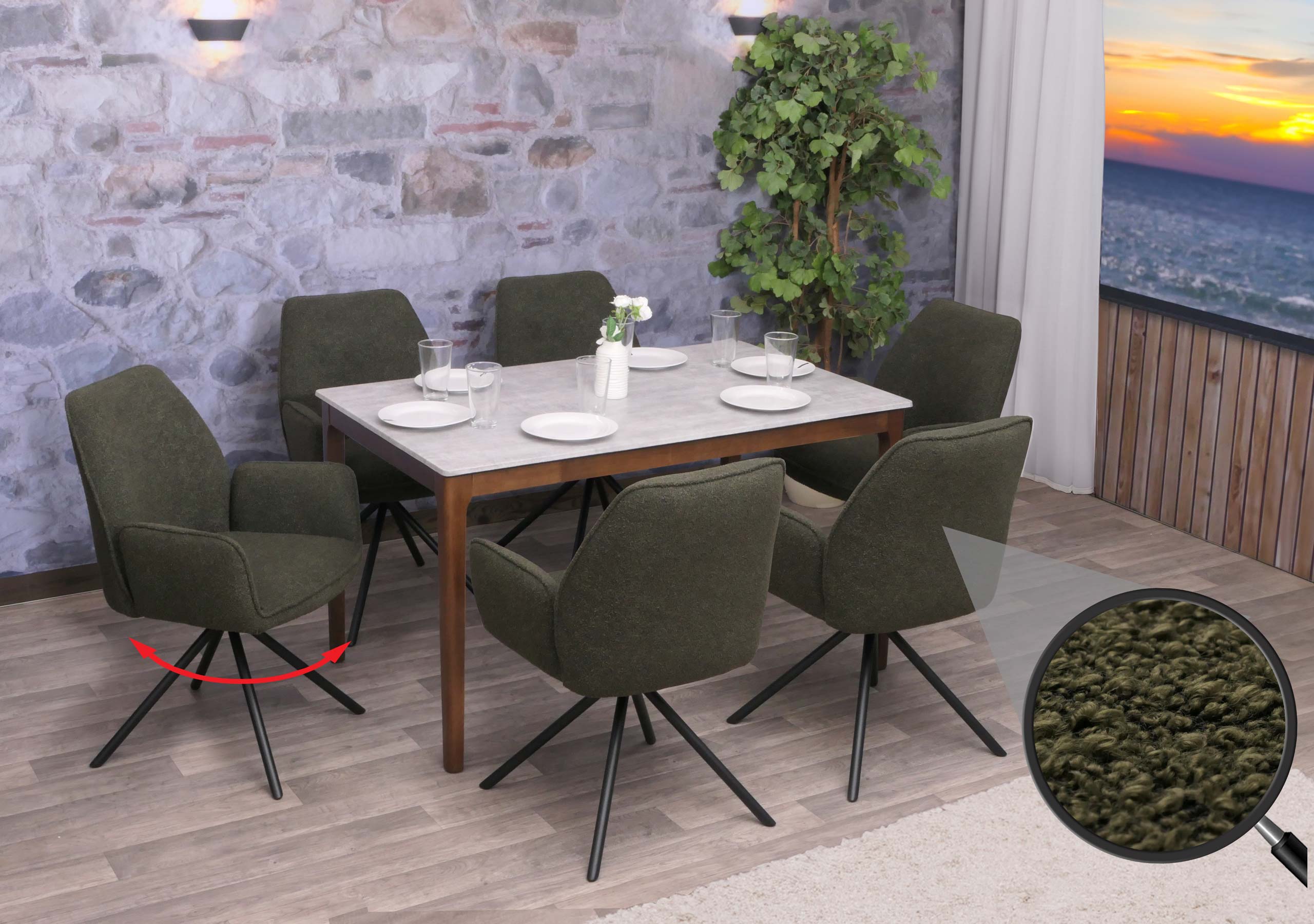 6er-Set Esszimmerstuhl MCW-G67, K&uuml;chenstuhl Stuhl Armlehne, drehbar Auto-Position, Stoff Boucl&eacute; &Ouml;ko-Tex MVG ~ olivgr&uuml;n - Bild 1