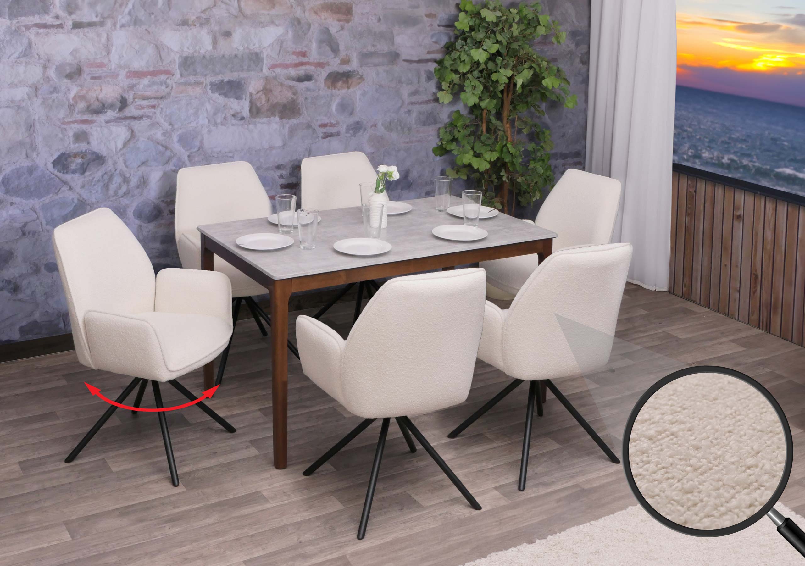 6er-Set Esszimmerstuhl MCW-G67, K&uuml;chenstuhl Stuhl Armlehne, drehbar Auto-Position, Stoff Boucl&eacute; &Ouml;ko-Tex MVG ~ creme - Bild 1