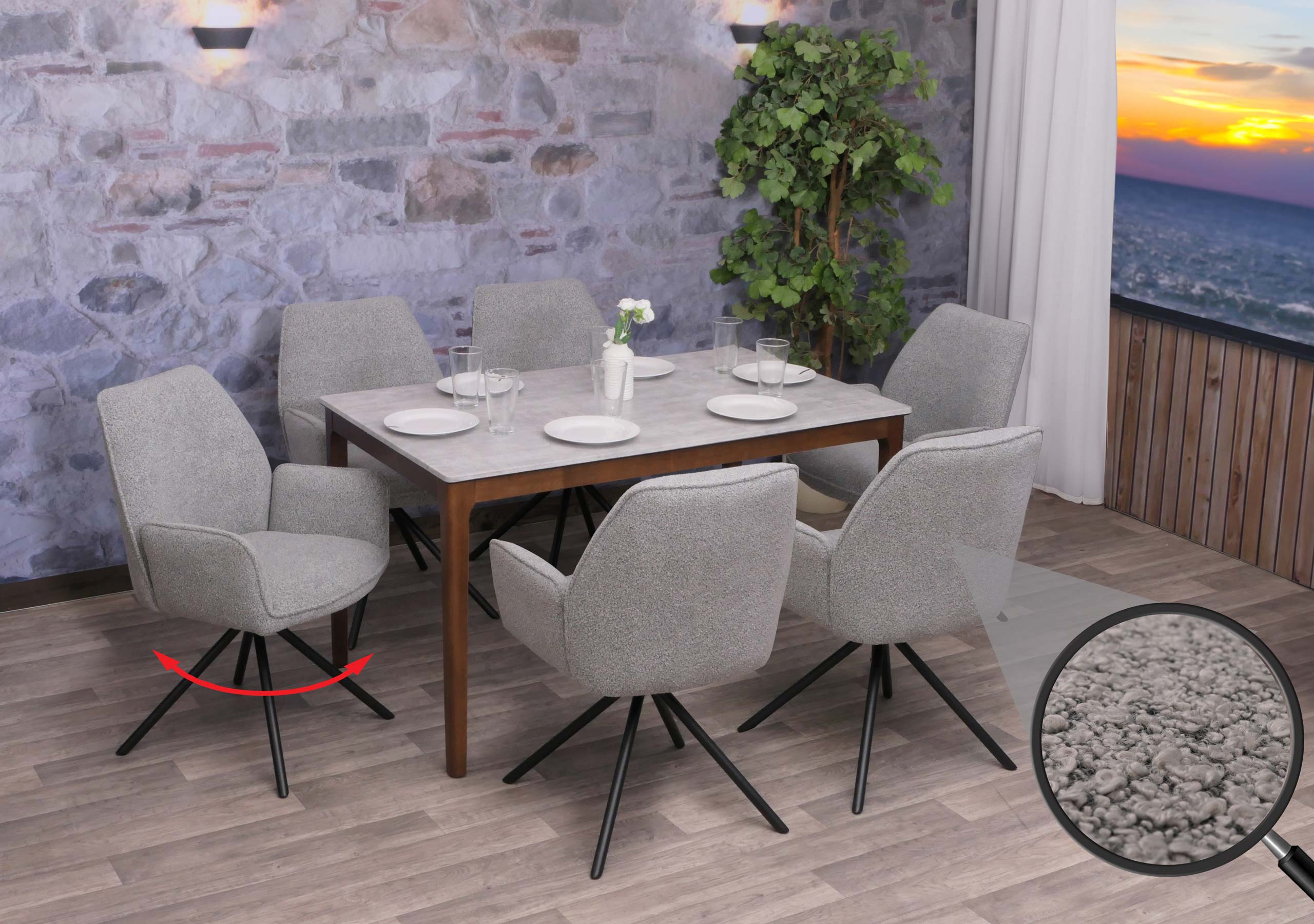 6er-Set Esszimmerstuhl MCW-G67, K&uuml;chenstuhl Stuhl Armlehne, drehbar Auto-Position, Stoff Boucl&eacute; &Ouml;ko-Tex MVG ~ hellgrau - Bild 1