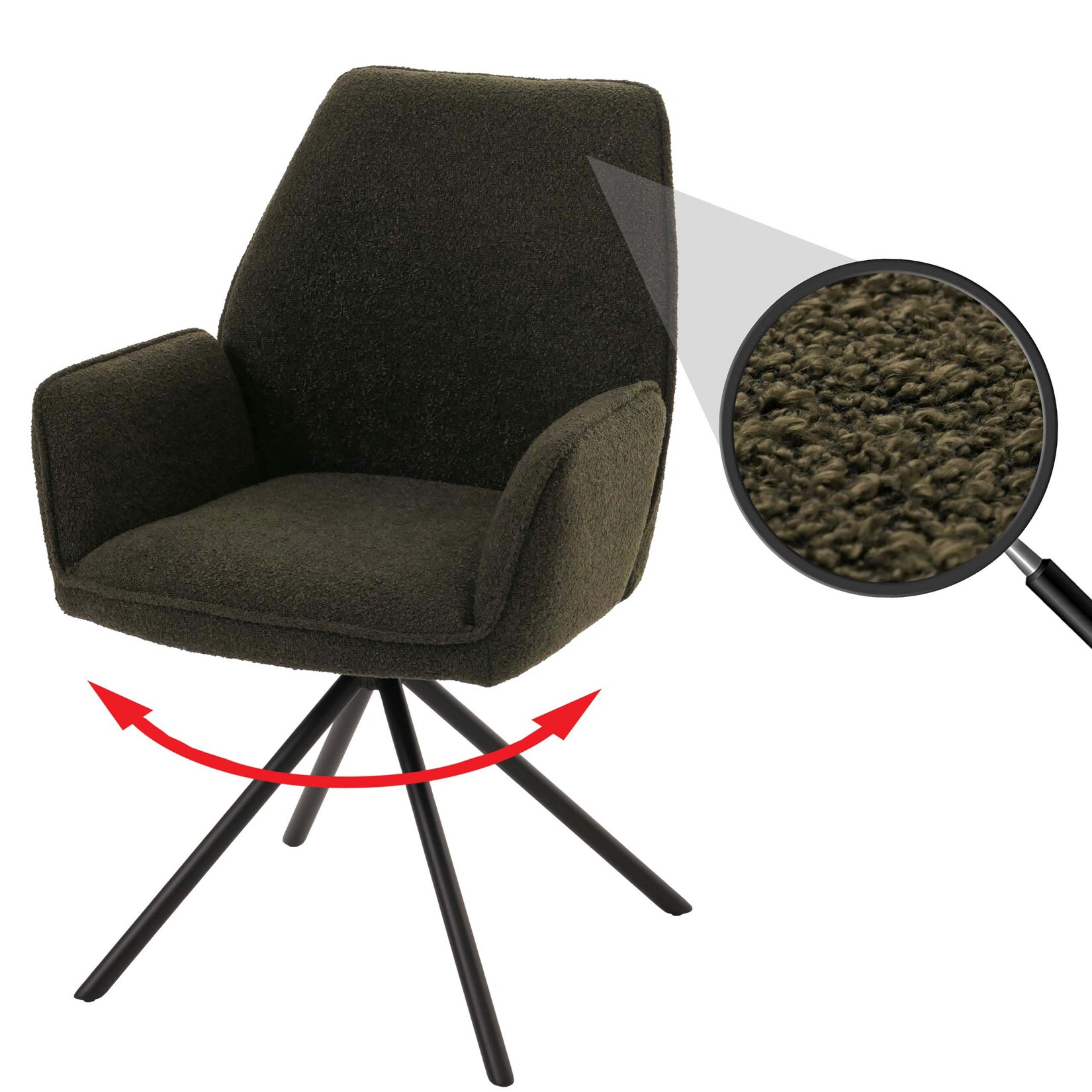 Esszimmerstuhl MCW-G67, Küchenstuhl Stuhl Armlehne, drehbar Auto-Position, Stoff/Textil Bouclé Öko-Tex MVG ~ olivgrün