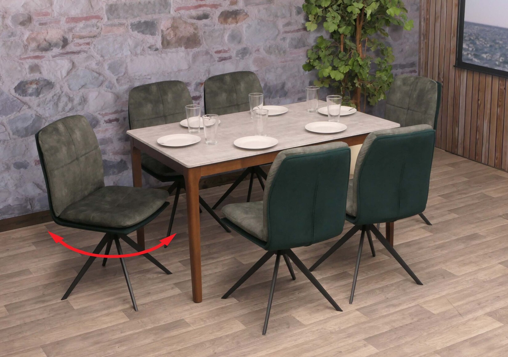 6er-Set Esszimmerstuhl MCW-M68, Küchenstuhl Lehnstuhl, drehbar Auto-Position, Metall Stoff/Textil ~ grün