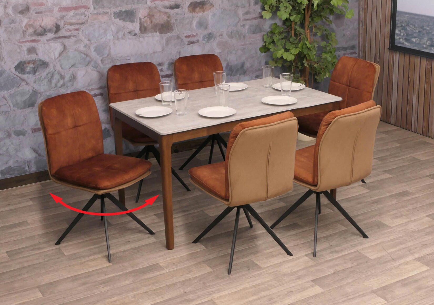 6er-Set Esszimmerstuhl MCW-M68, Küchenstuhl Lehnstuhl, drehbar Auto-Position, Metall Stoff/Textil ~ braun
