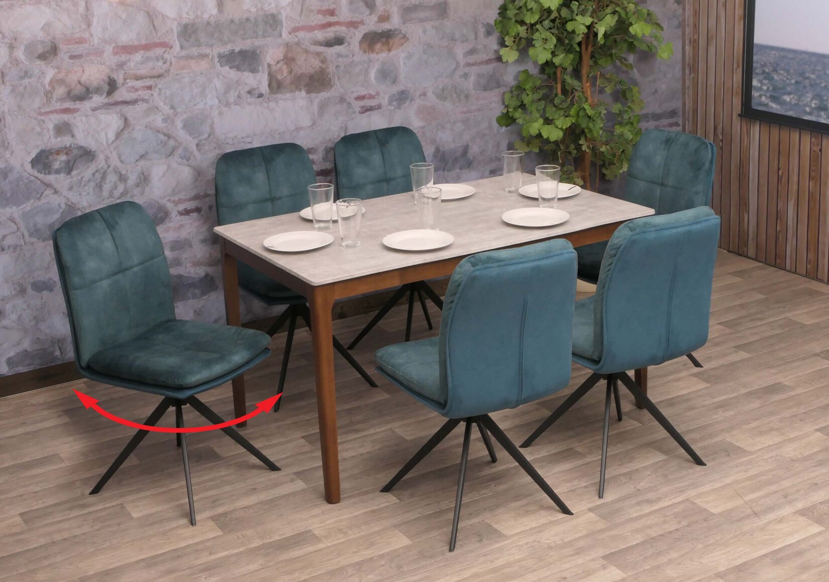 6er-Set Esszimmerstuhl MCW-M68, Küchenstuhl Lehnstuhl, drehbar Auto-Position, Metall Stoff/Textil ~ blau