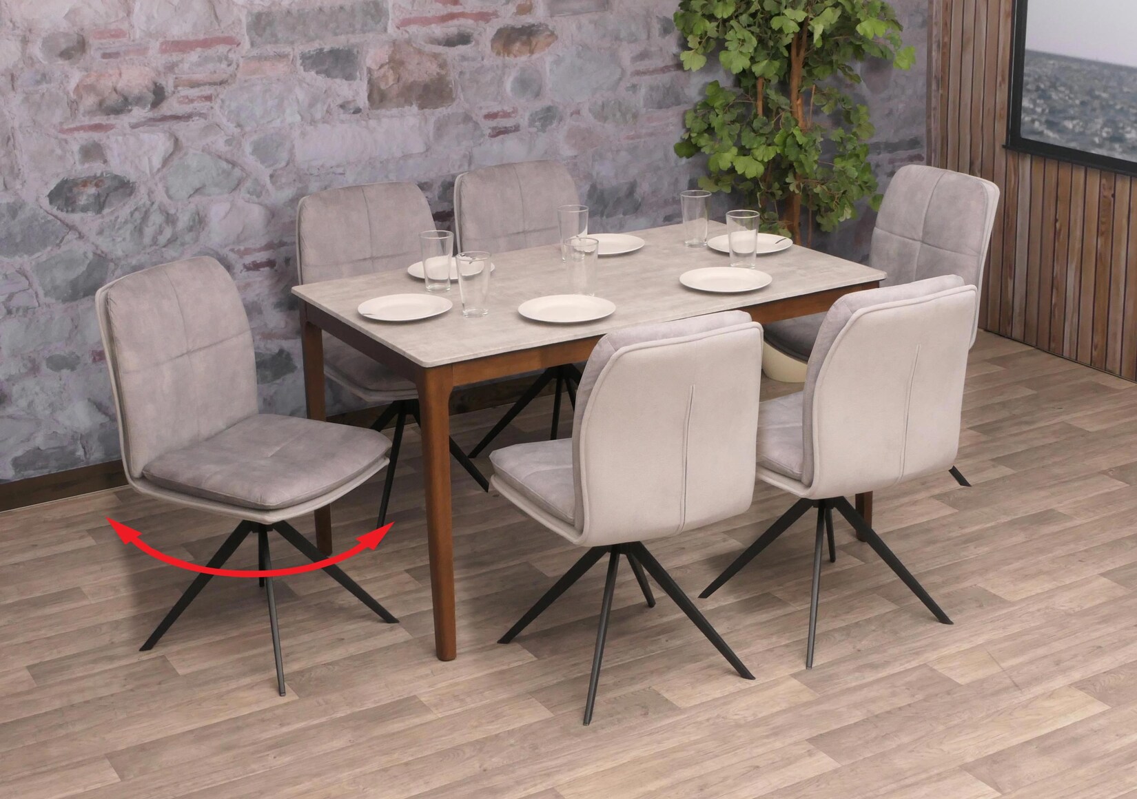 6er-Set Esszimmerstuhl MCW-M68, Küchenstuhl Lehnstuhl, drehbar Auto-Position, Metall Stoff/Textil ~ grau