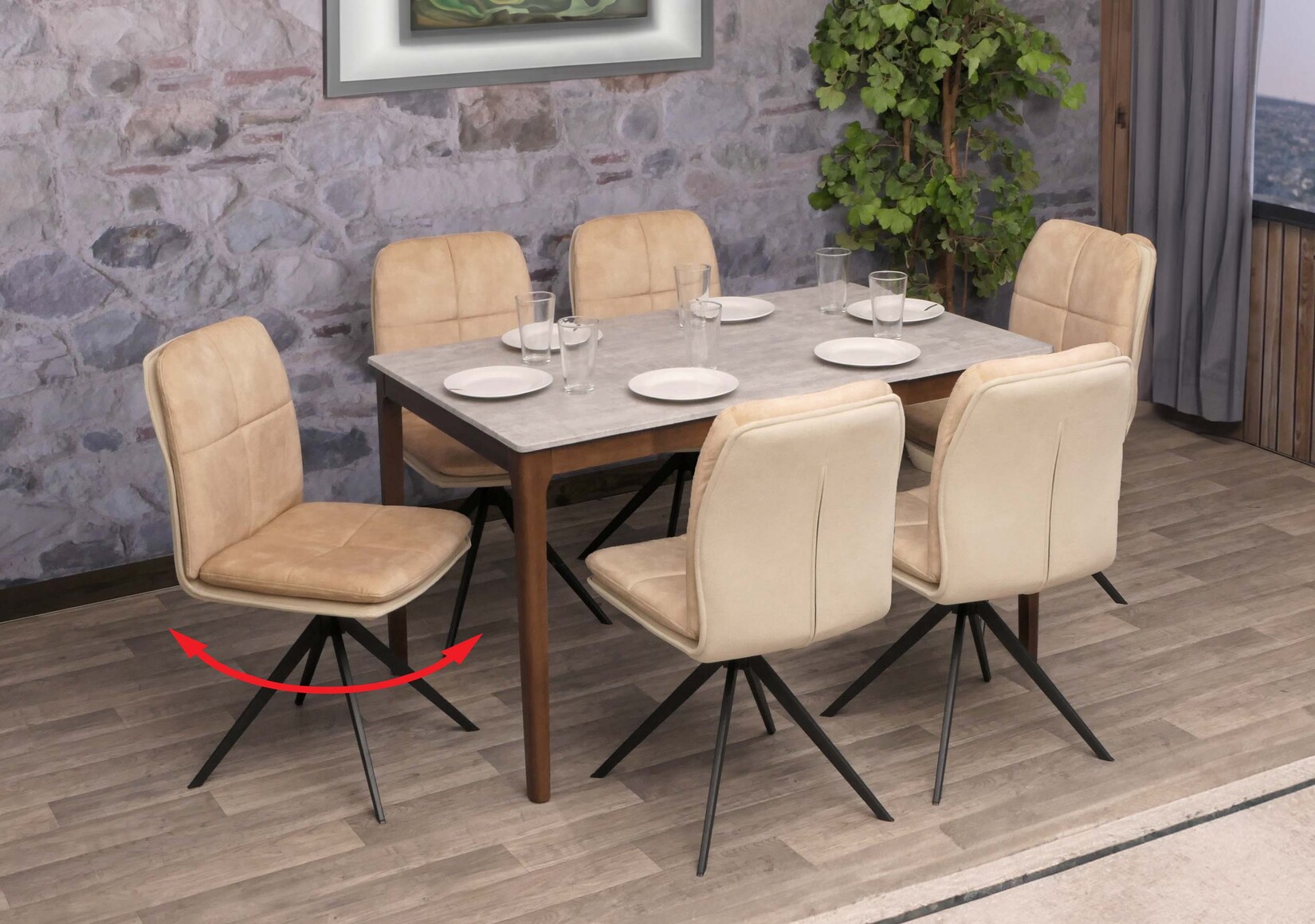 6er-Set Esszimmerstuhl MCW-M68, Küchenstuhl Lehnstuhl, drehbar Auto-Position, Metall Stoff/Textil ~ beige