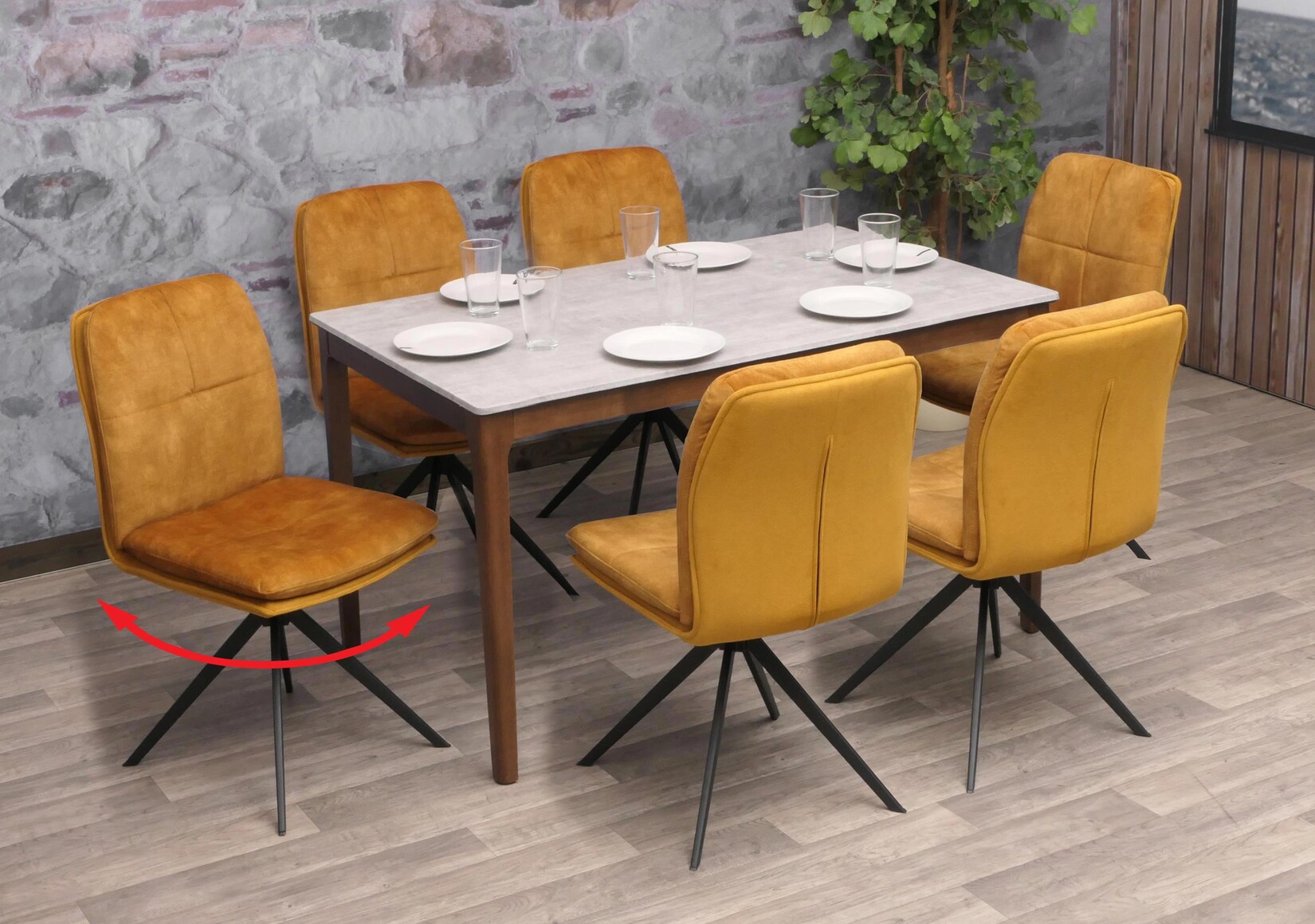 6er-Set Esszimmerstuhl MCW-M68, Küchenstuhl Lehnstuhl, drehbar Auto-Position, Metall Stoff/Textil ~ gelb