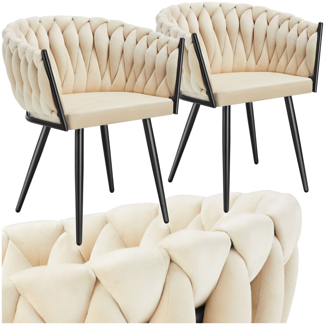 tectake® Set Esszimmerstuhl, gepolstert, mit Samtbezug, Knotendesign, schlanke Stahlbeine, 60,5 x 55 x 75 cm
