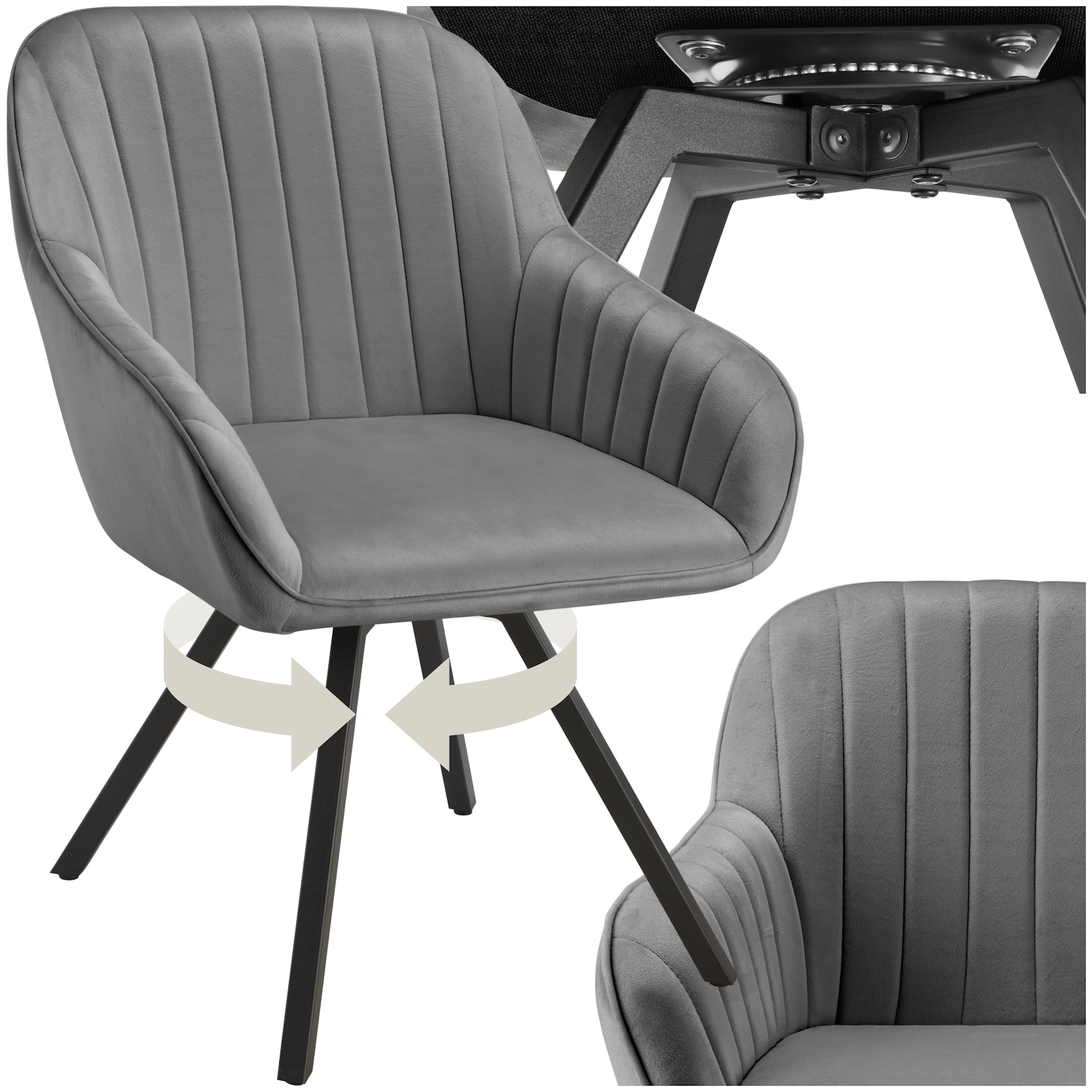 tectake® Drehbarer Armlehnstuhl , gepolstert, in Samtoptik, 360° drehbar, schlanke Stahlbeine, 58 x 58 x 82 cm