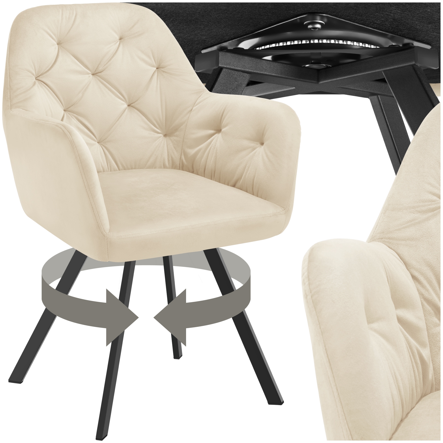 tectake&reg; Drehbarer Samt-Armlehnstuhl, gepolstert, mit Steppmuster, 180&deg; drehbar, schlanke Stahlbeine, 58 x 58 x 87 cm - Bild 1