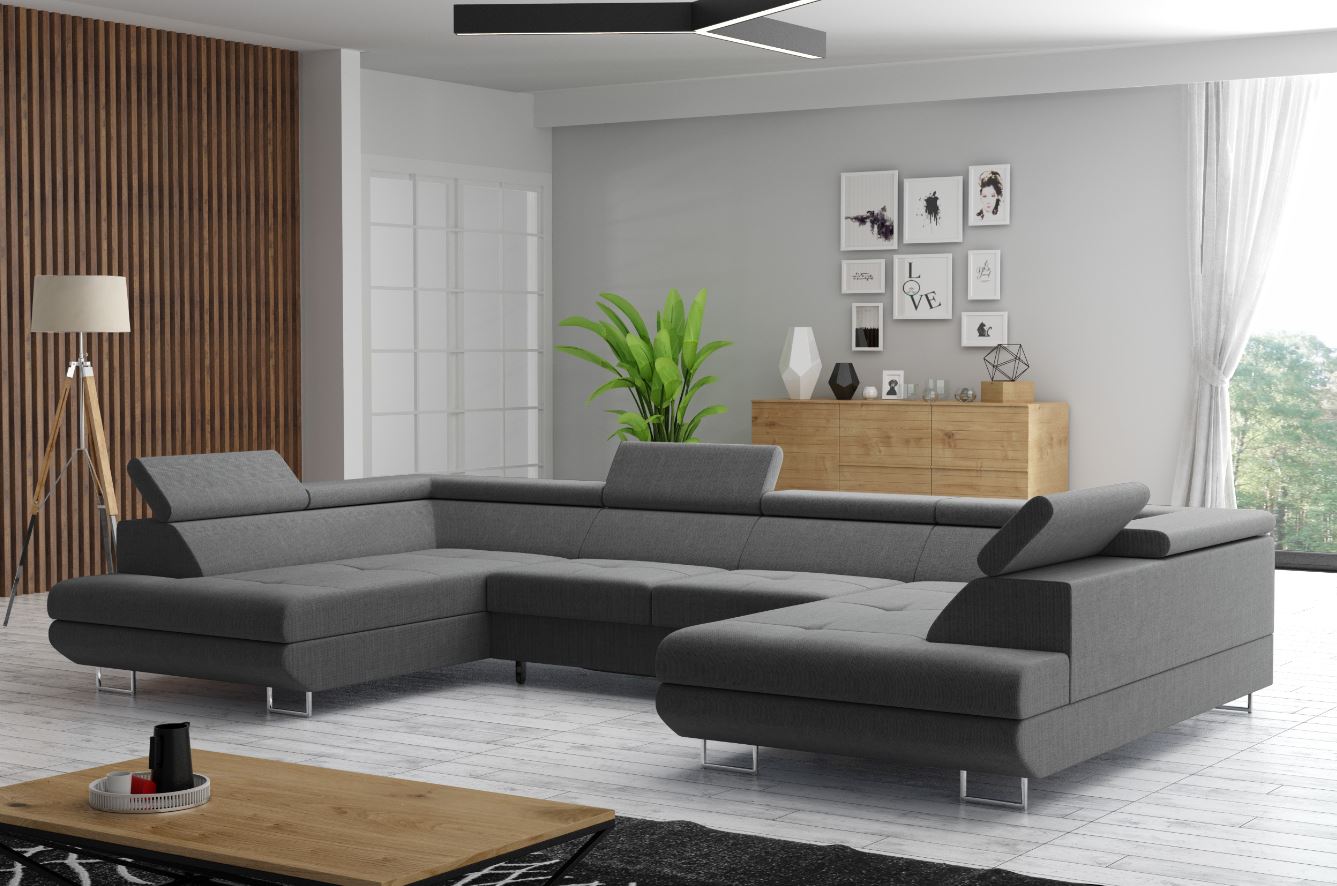 M-Punkt Wohnlandschaft in U &ndash; Form, Schlaf- und Ecksofa - mit Bettfunktion, Bettkasten und Kopfteilverstellung - Grau - Bild 1