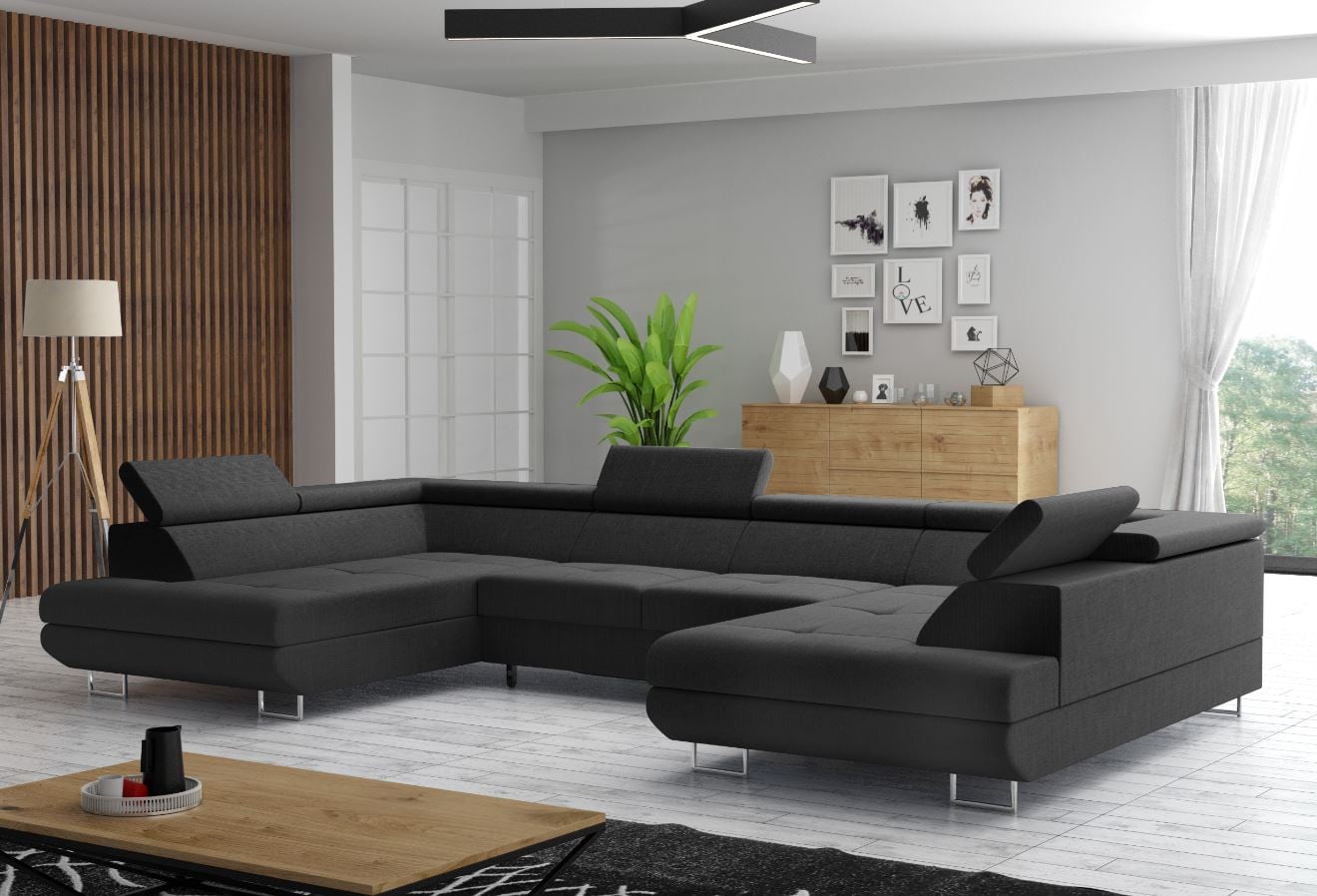 M-Punkt Wohnlandschaft in U &ndash; Form, Schlaf- und Ecksofa - mit Bettfunktion, Bettkasten und Kopfteilverstellung - Schwarz - Bild 1