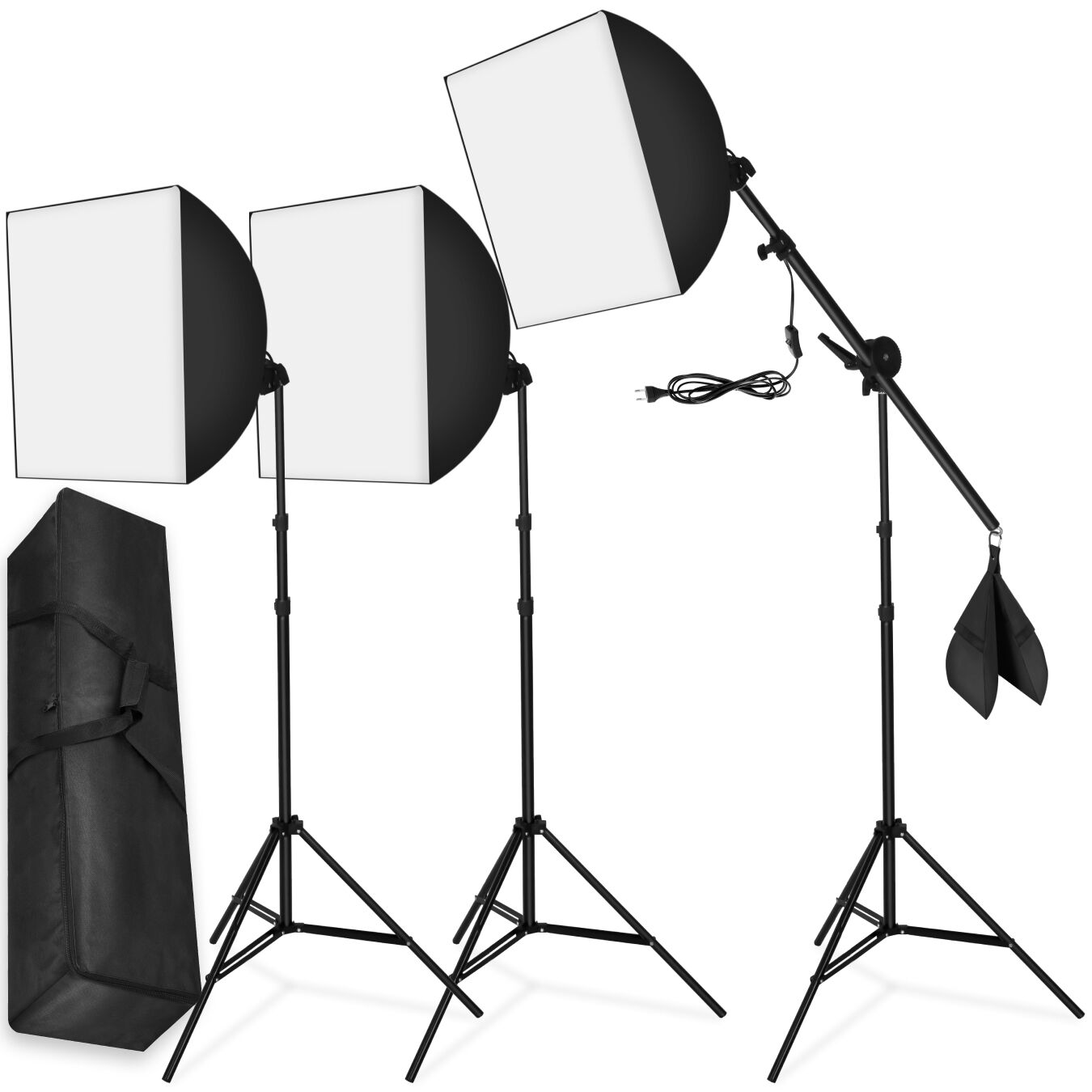 tectake&reg; Fotostudio-Set, mit Softboxen, ausziehbaren Stativen und ausziehbarem Galgenstativ, 6500K Dauerlicht, geringes Gewicht, inklusive Tragetasche - Bild 1
