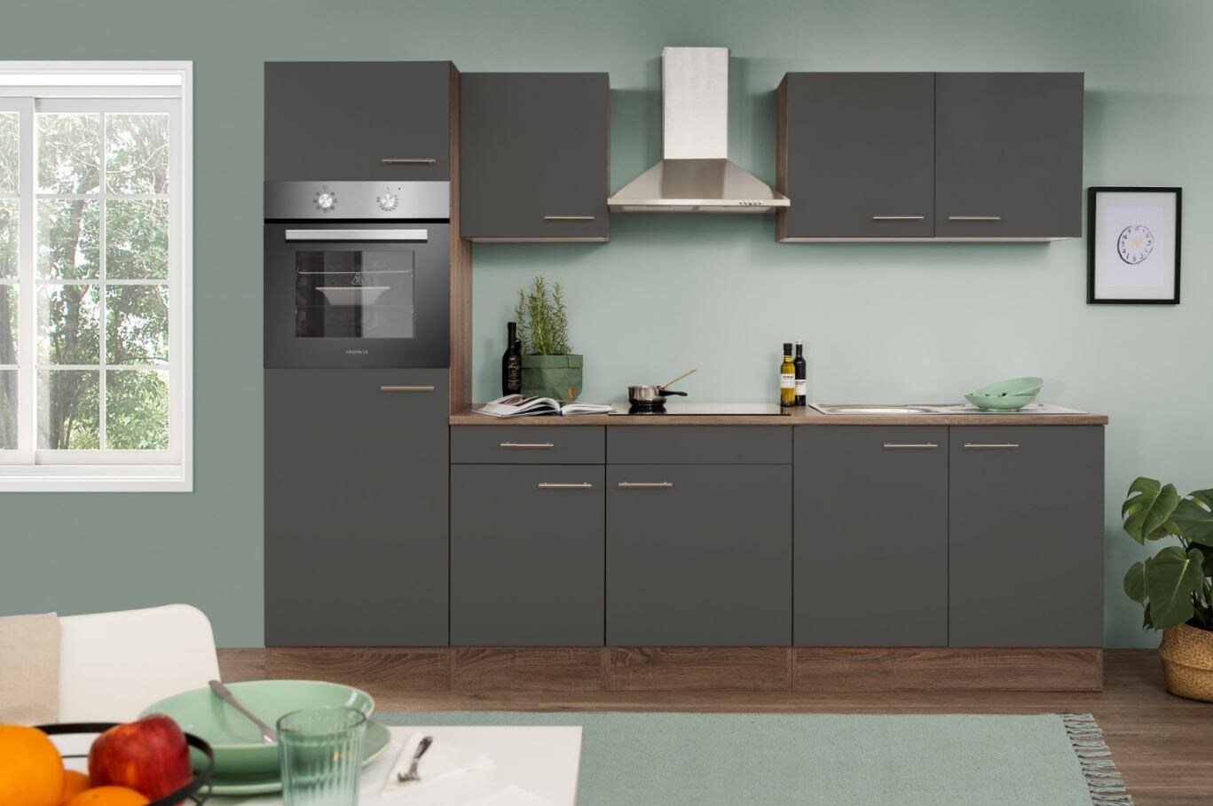 Respekta Küchenzeile KB270EYG 270 cm Grau-Eiche York Nachbildung