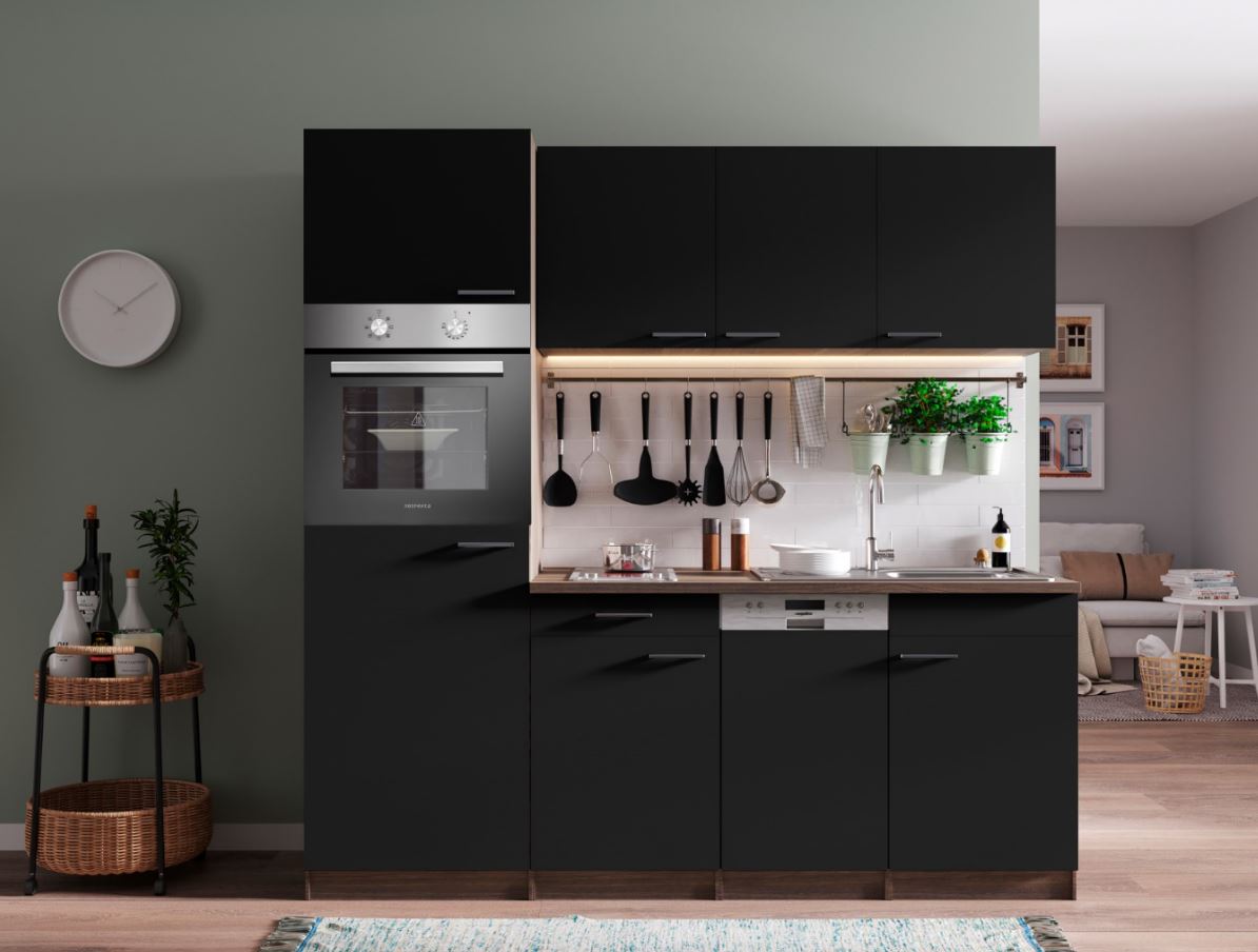 Respekta K&uuml;chenzeile KB205EYSC 205 cm Schwarz-Eiche York Nachbildung - Bild 1