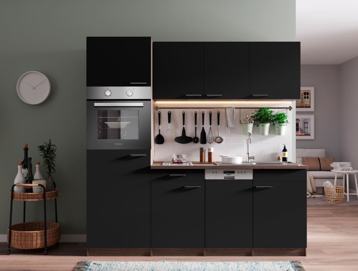 Respekta Küchenzeile KB205EYSC 205 cm Schwarz-Eiche York Nachbildung