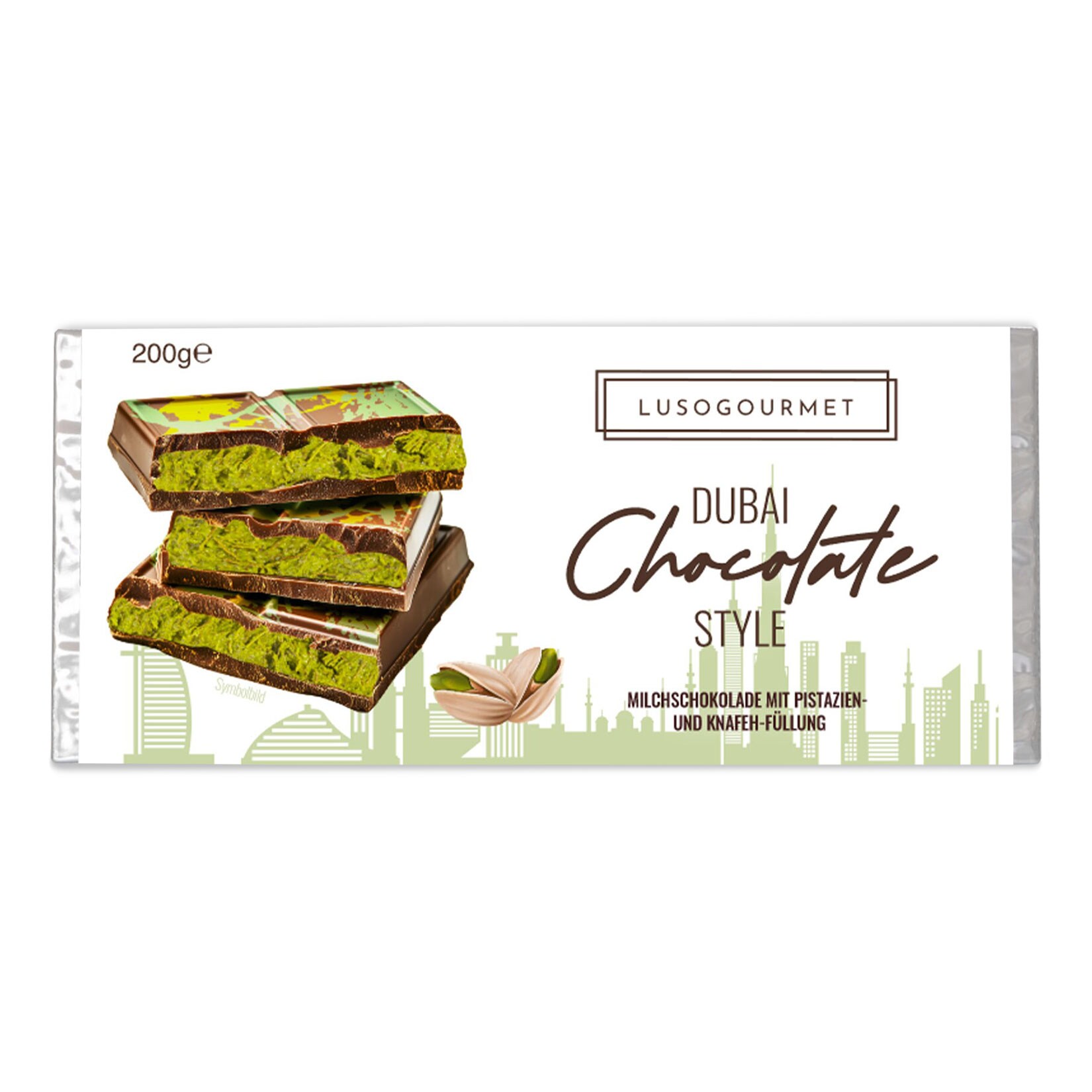 Lusogourmet Dubai Schokolade mit Pistazien-Kadayif-F&uuml;llung 200 g - Bild 1