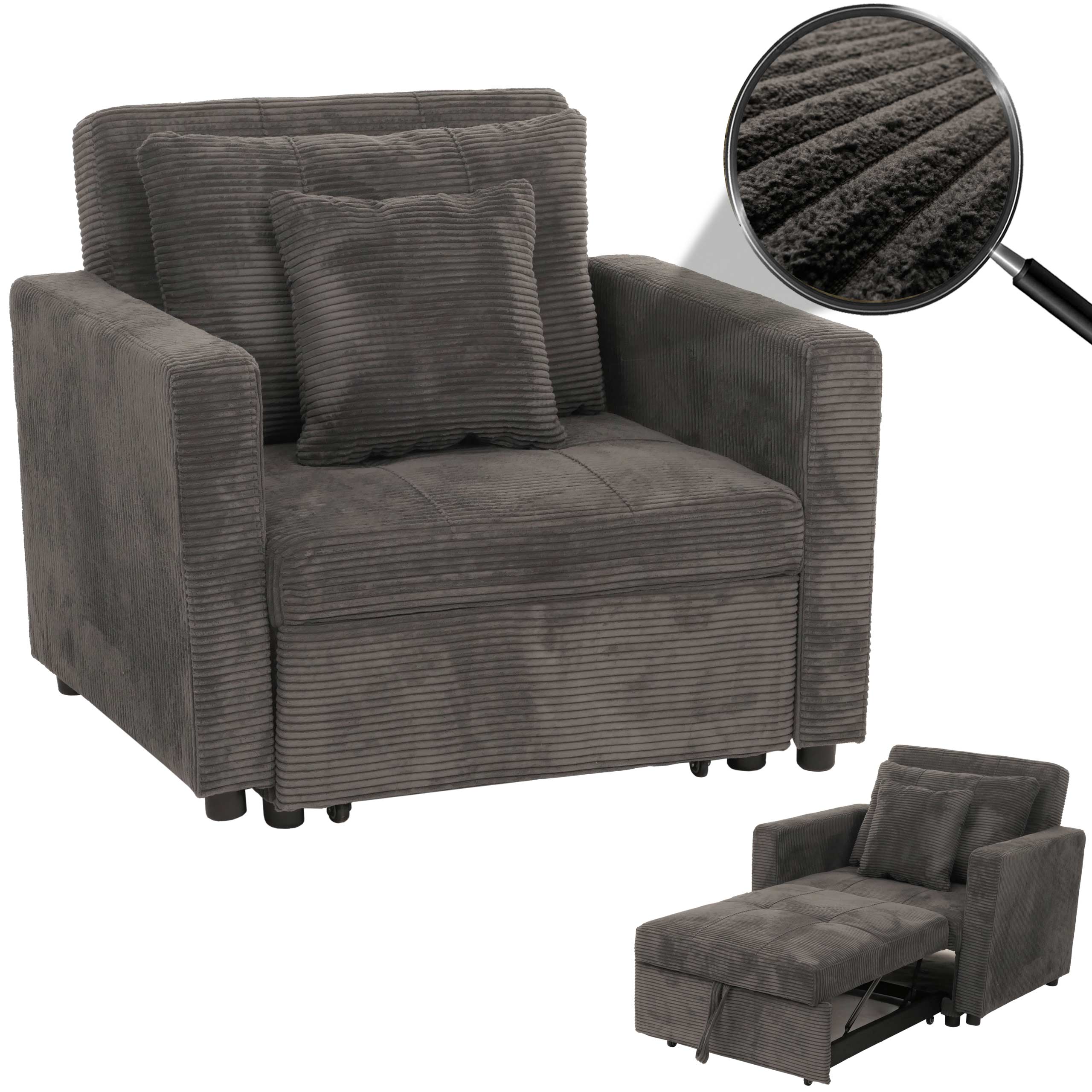 Schlafsessel MCW-L90, Klappsessel G&auml;stebett Relaxsessel, Liegefl&auml;che 200x100cm Stoff/Textil Cord ~ dunkelgrau - Bild 1