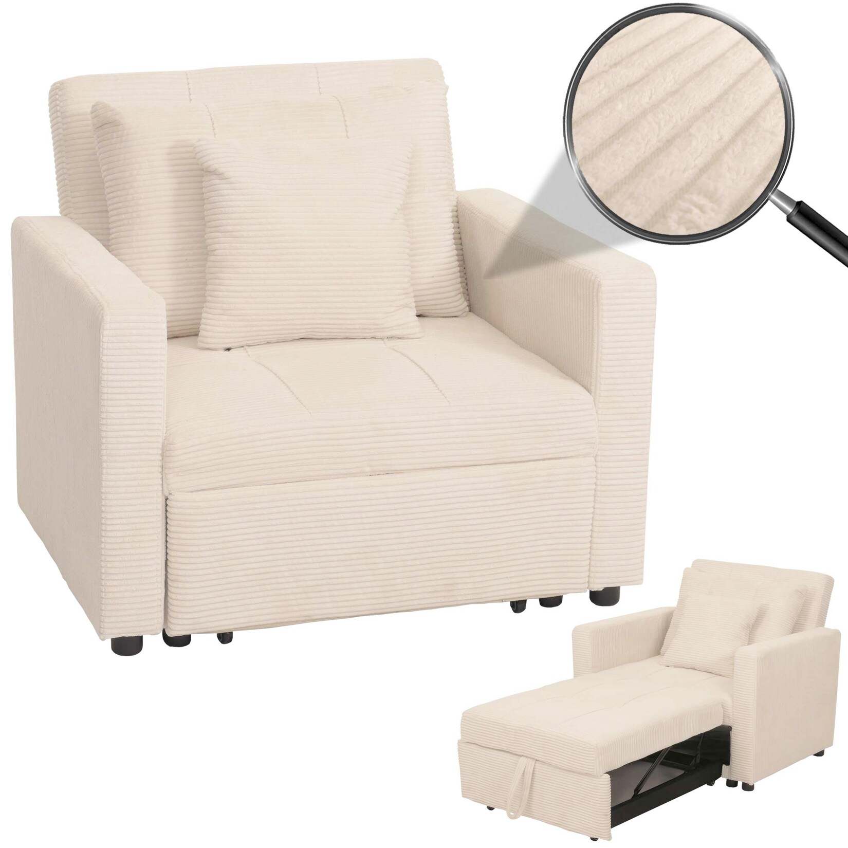 Schlafsessel MCW-L90, Klappsessel Gästebett Relaxsessel, Liegefläche 200x100cm Stoff/Textil Cord ~ creme-weiß