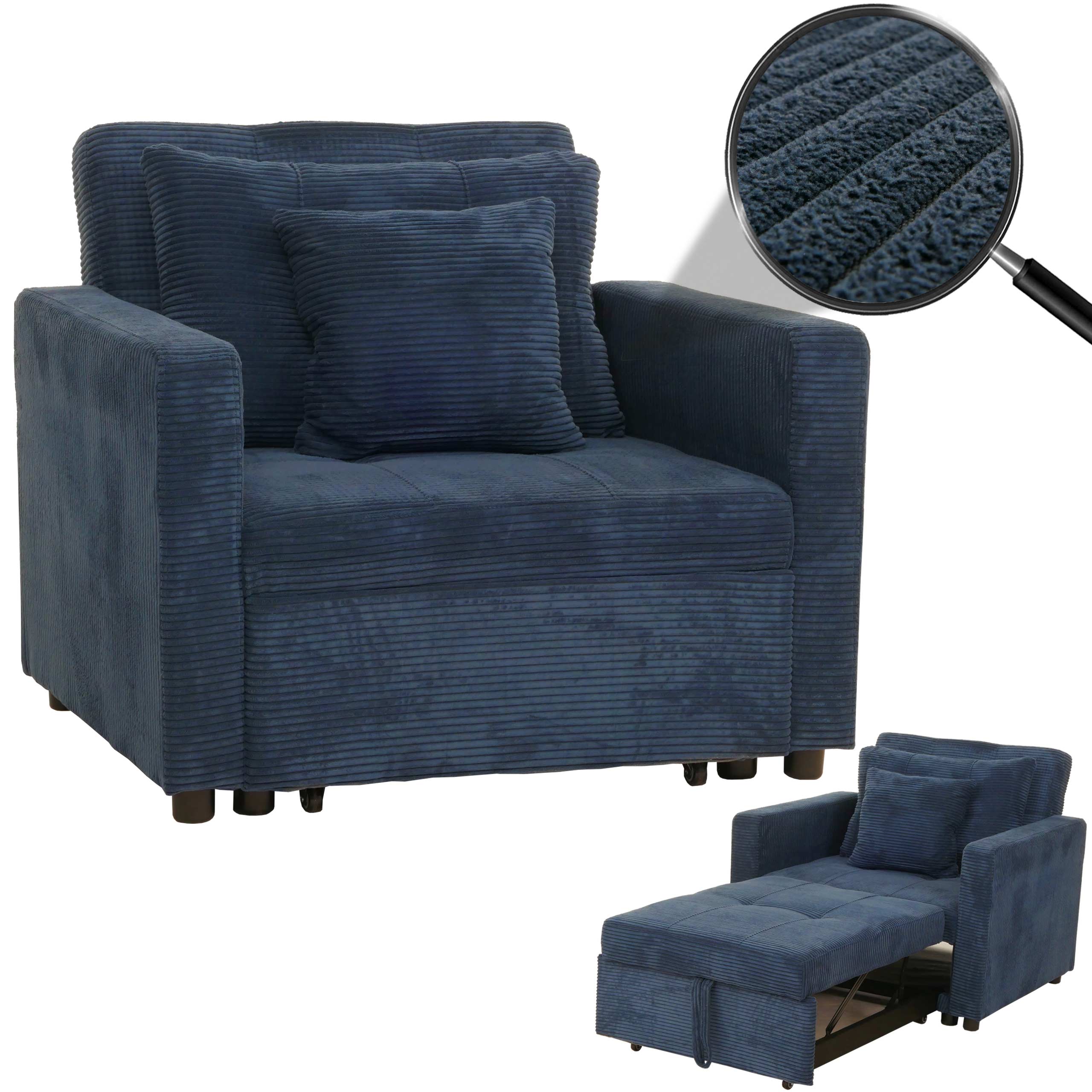 Schlafsessel MCW-L90, Klappsessel G&auml;stebett Relaxsessel, Liegefl&auml;che 200x100cm Stoff/Textil Cord ~ blau - Bild 1