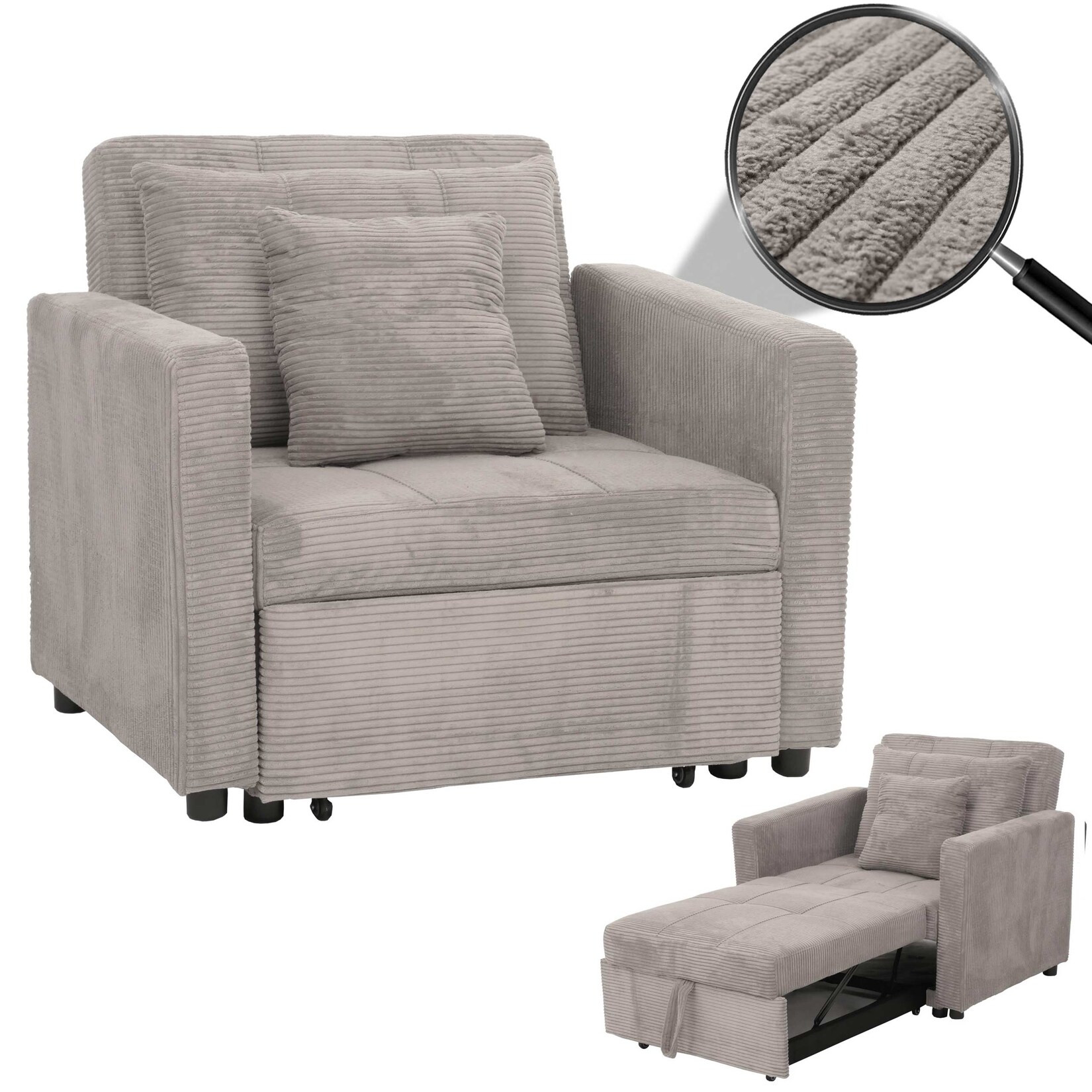 Schlafsessel MCW-L90, Klappsessel Gästebett Relaxsessel, Liegefläche 200x100cm Stoff/Textil Cord ~ hellgrau | 04057651664392