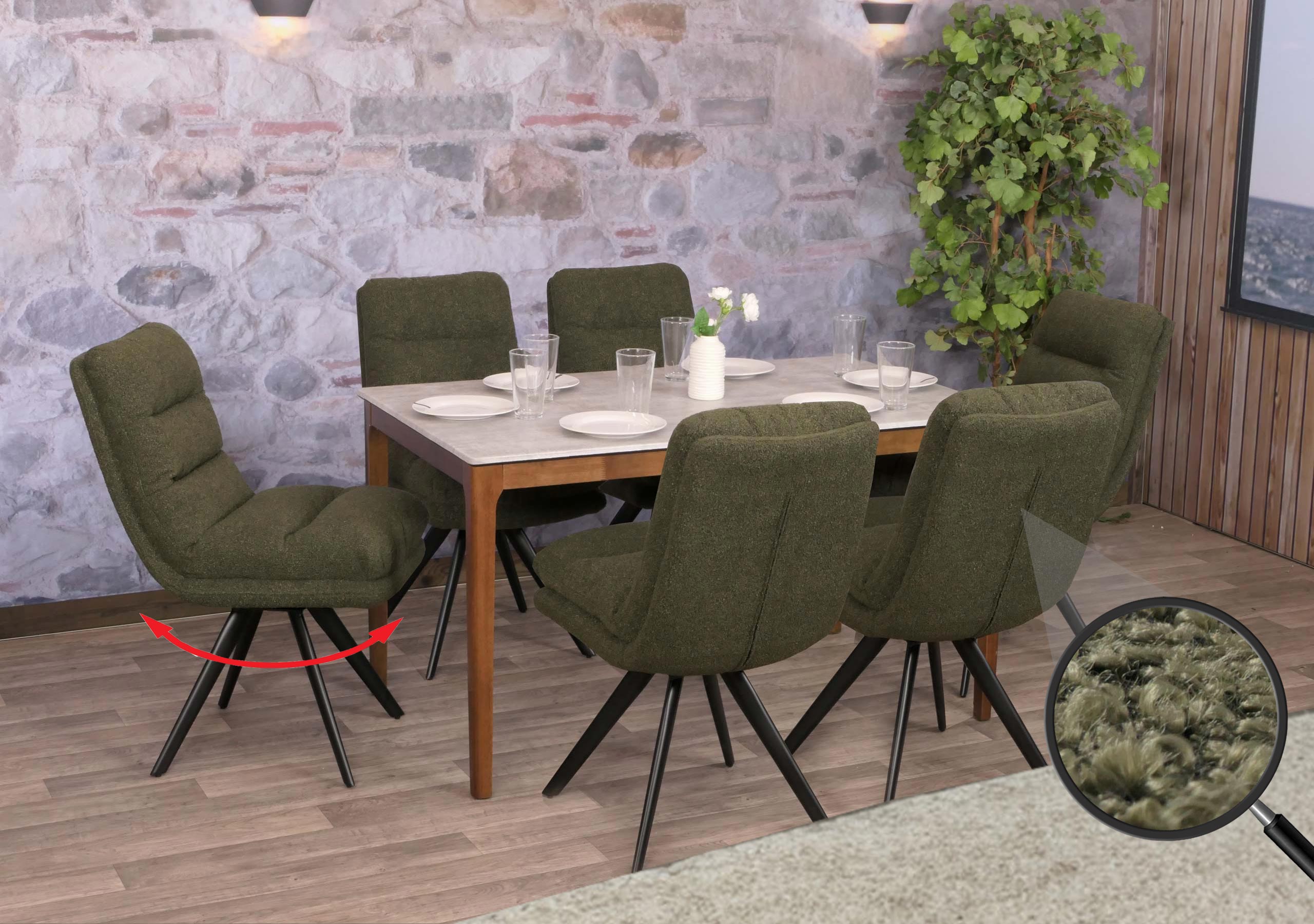 6er-Set Esszimmerstuhl MCW-G66, K&uuml;chenstuhl, drehbar Auto-Position Stoff/Textil Boucl&eacute; MVG ~ gr&uuml;n - Bild 1