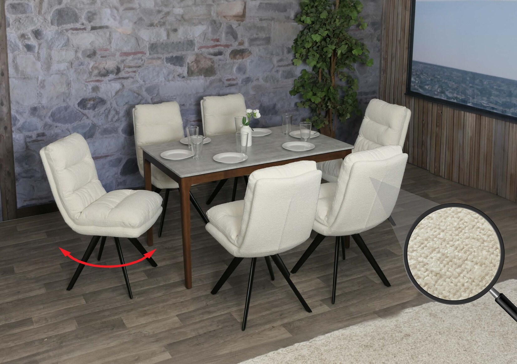 6er-Set Esszimmerstuhl MCW-G66, Küchenstuhl, drehbar Auto-Position Stoff/Textil Bouclé MVG ~ cremeweiß
