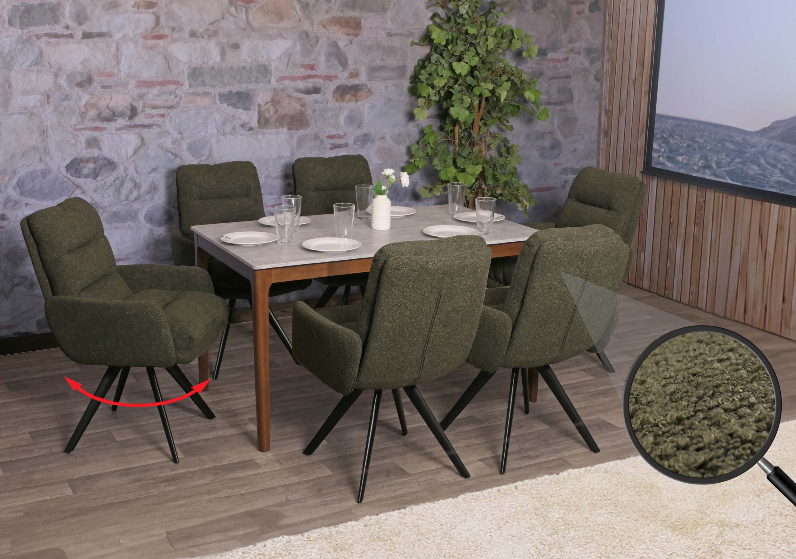 6er-Set Esszimmerstuhl MCW-G66, K&uuml;chenstuhl, drehbar Auto-Position Stoff/Textil Boucl&eacute; MVG ~ gr&uuml;n, mit Armlehne - Bild 1