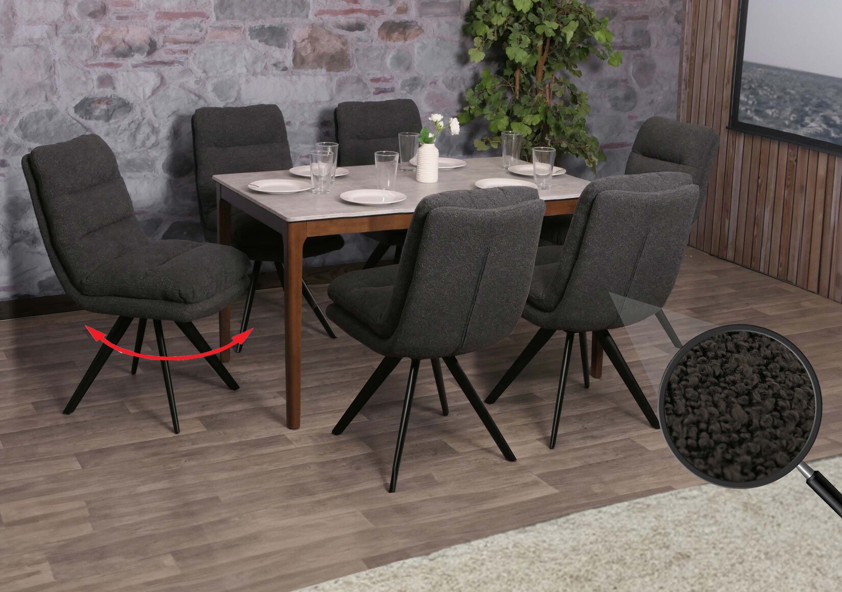 6er-Set Esszimmerstuhl MCW-G66, Küchenstuhl, drehbar Auto-Position Stoff/Textil Bouclé MVG ~ dunkelgrau