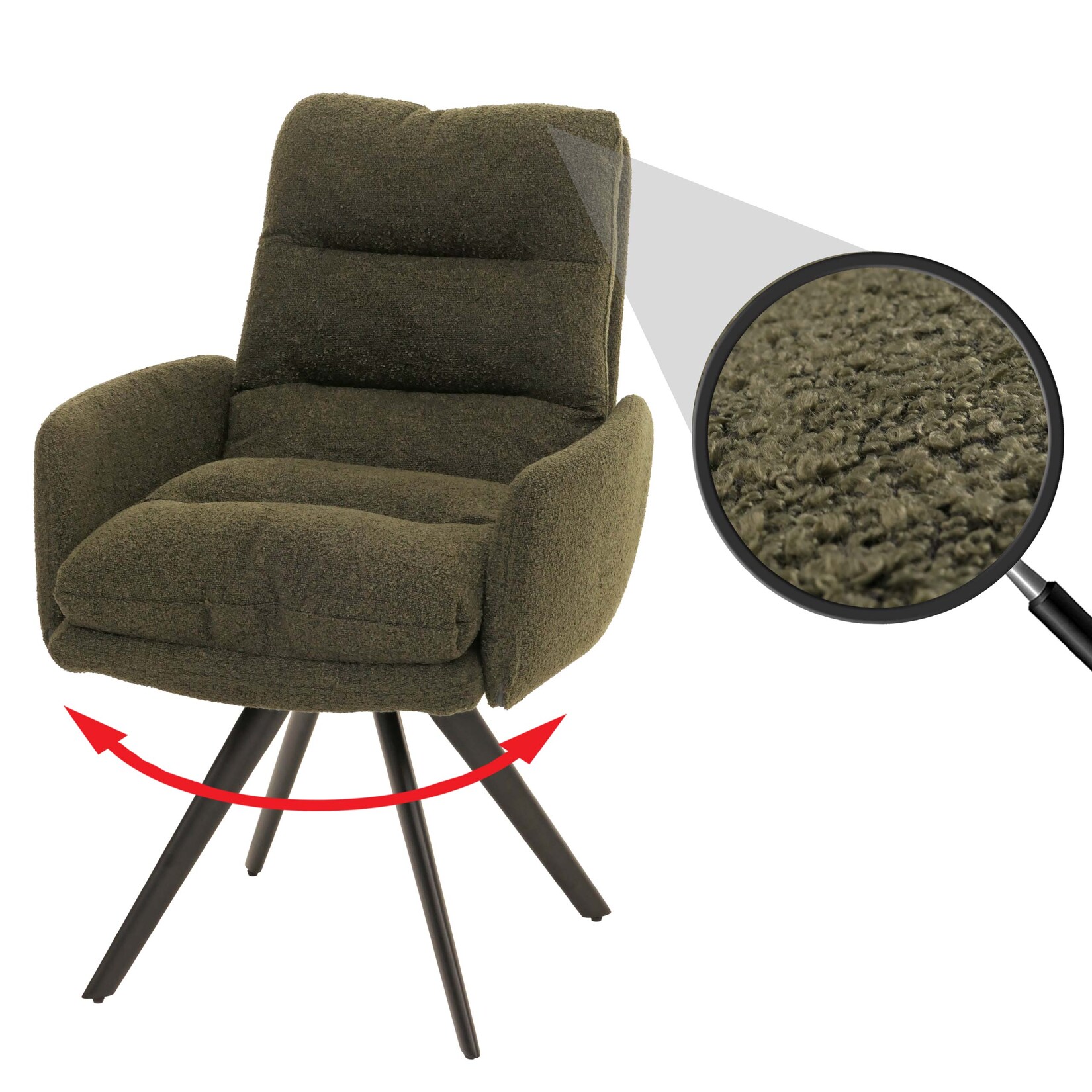 Esszimmerstuhl MCW-G66, Küchenstuhl Stuhl, drehbar Auto-Position Stoff/Textil Bouclé MVG ~ grün, mit Armlehne