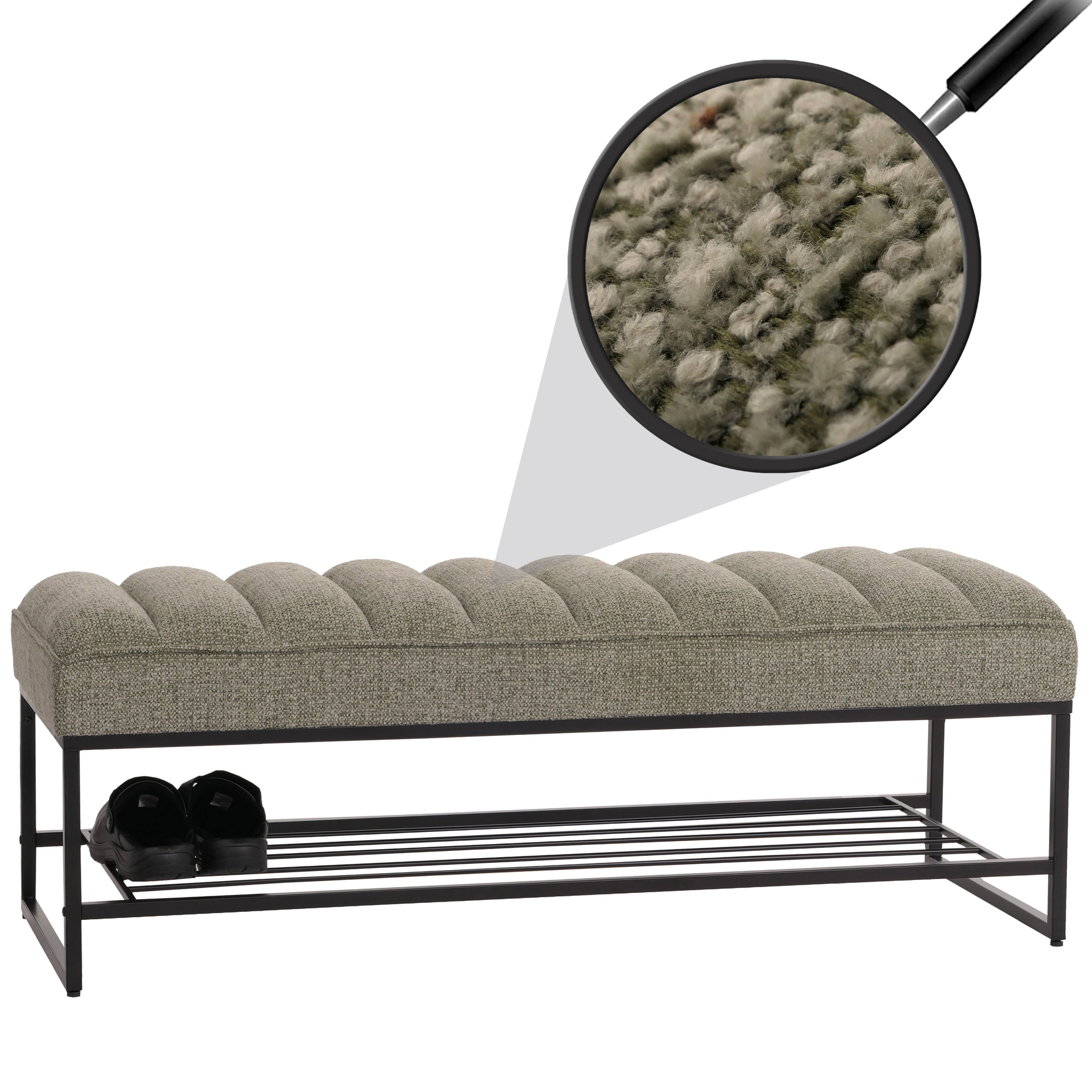 Sitzbank MCW-N68 mit Schuhablage, Bank Polsterbank Garderobenbank Schuhregal, Stoff Chenille Metall 130cm ~ gr&uuml;n - Bild 1