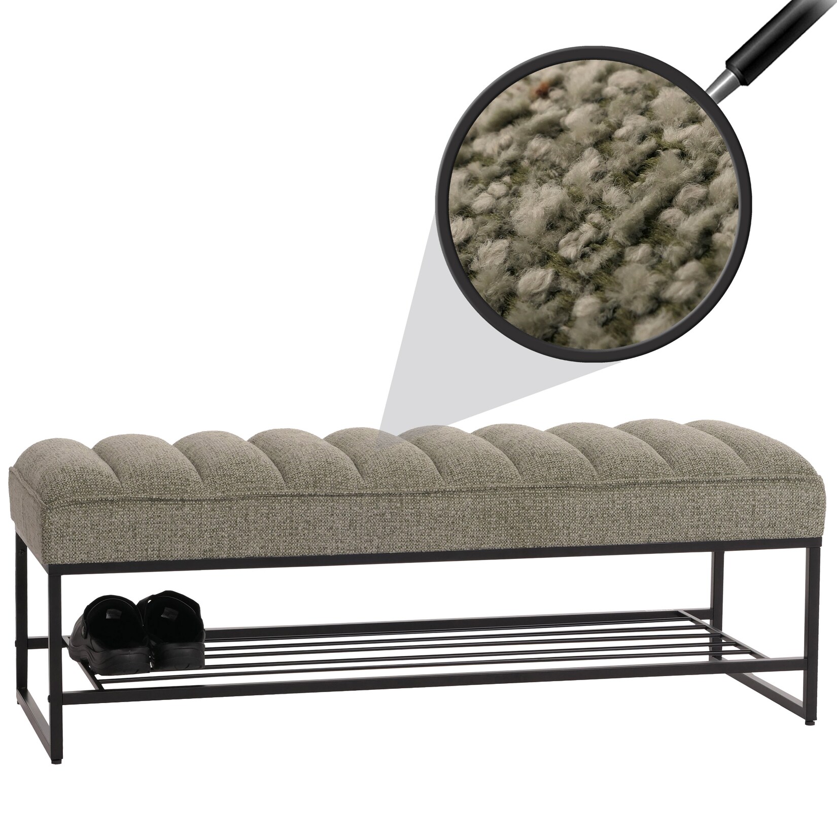 Sitzbank MCW-N68 mit Schuhablage, Bank Polsterbank Garderobenbank Schuhregal, Stoff Chenille Metall 130cm ~ grün | 04057651665030