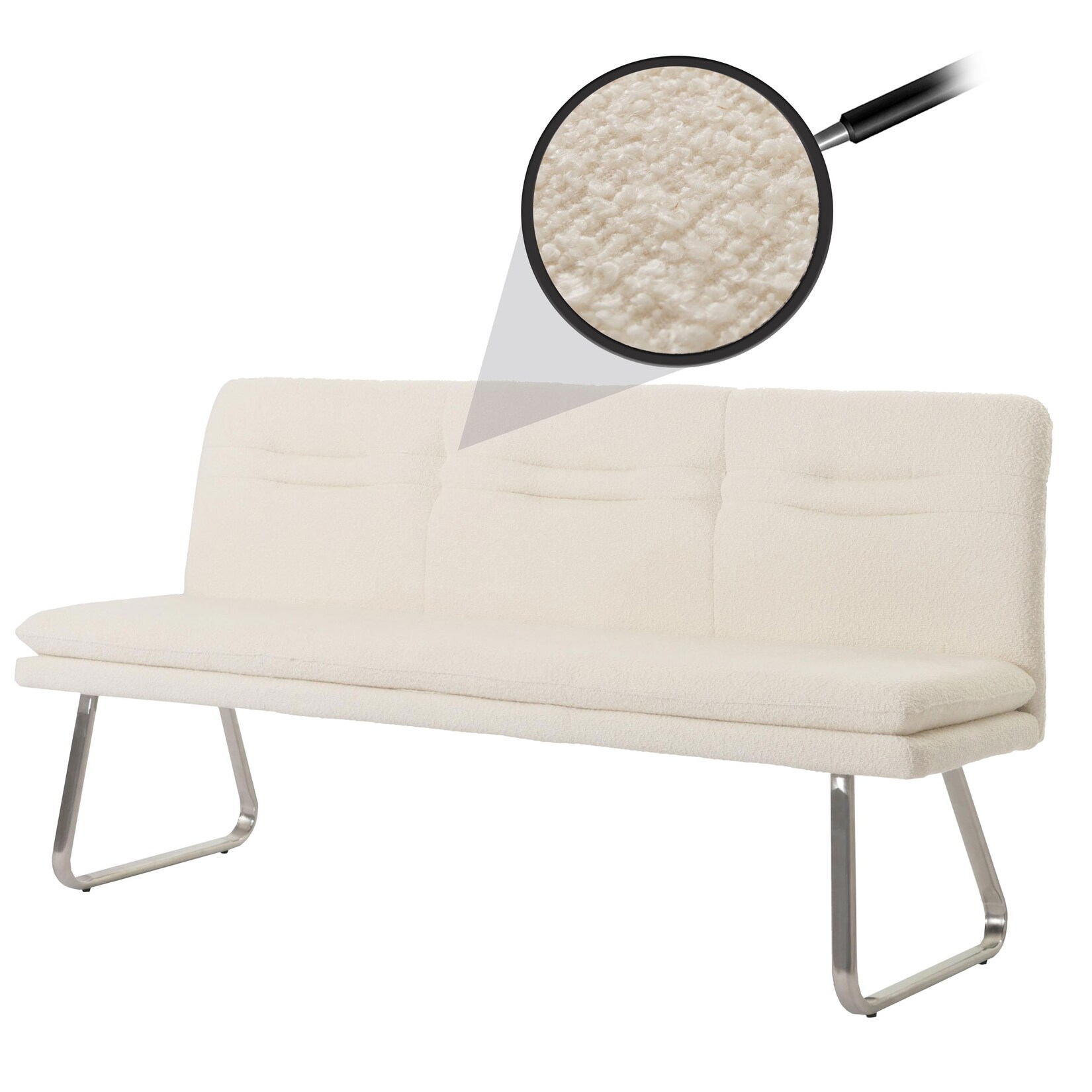 Sitzbank MCW-H70, Esszimmerbank Bank Polsterbank, Lehne Stoff/Textil Bouclé Edelstahl gebürstet 180cm ~ creme