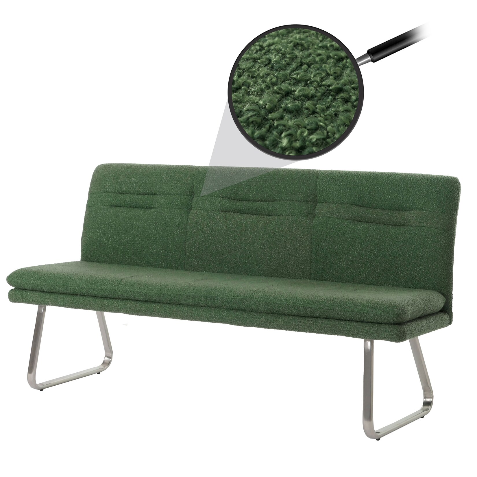 Sitzbank MCW-H70, Esszimmerbank Bank Polsterbank, Lehne Stoff/Textil Bouclé Edelstahl gebürstet 180cm ~ grün