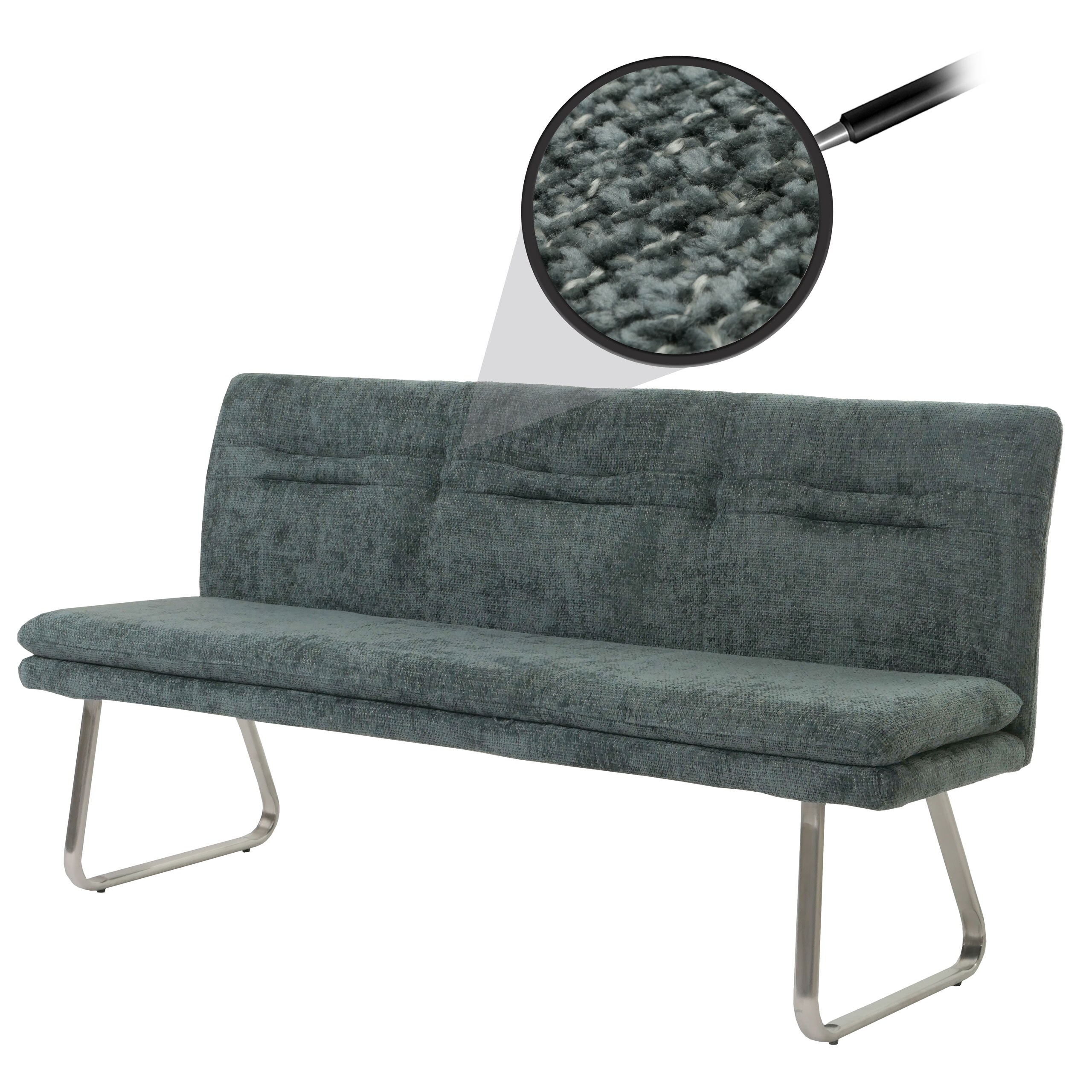 Sitzbank MCW-H70, Esszimmerbank Bank Polsterbank, Lehne Stoff/Textil Chenille Edelstahl geb&uuml;rstet 180cm ~ blau-gr&uuml;n - Bild 1