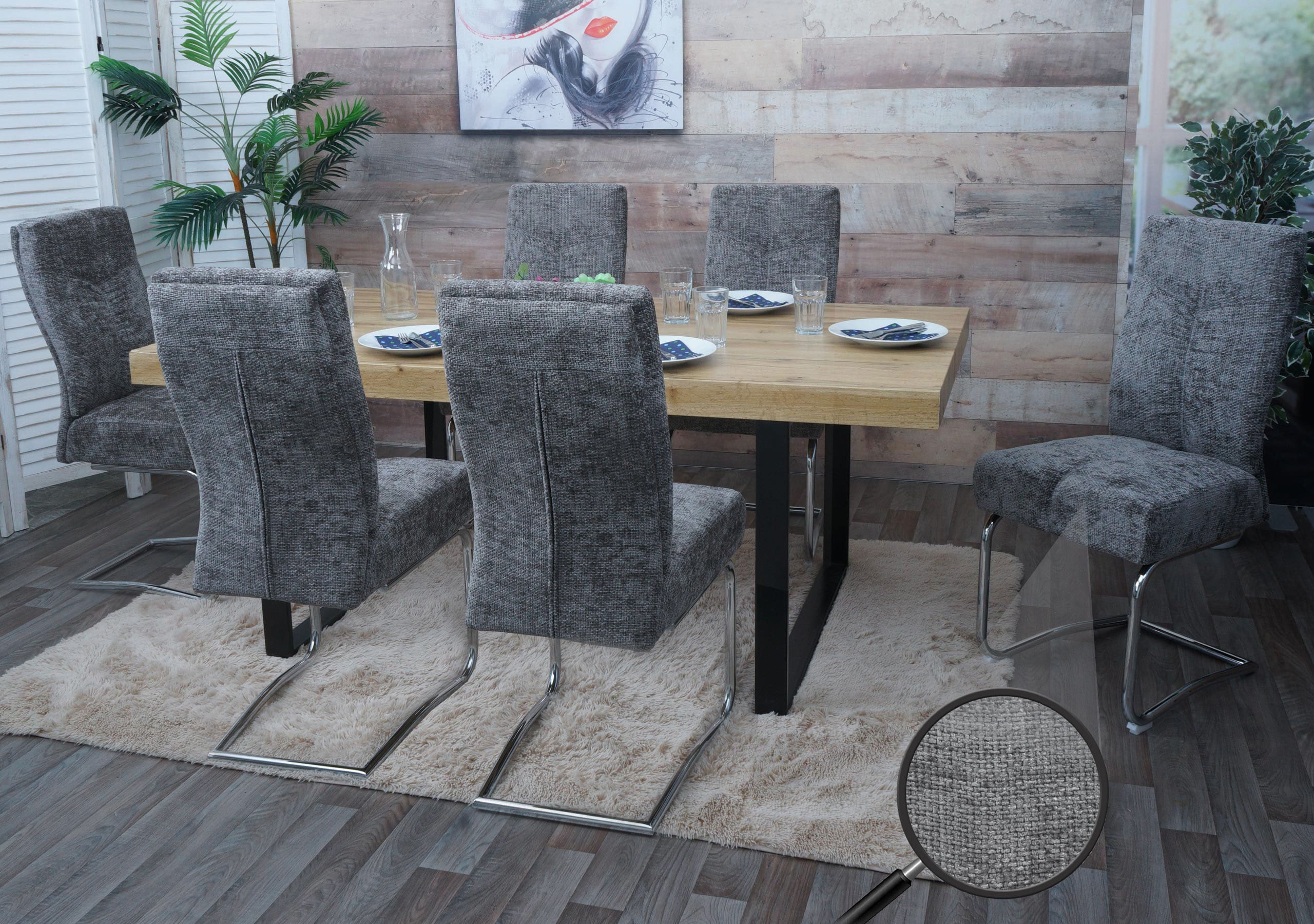 6er-Set Esszimmerstuhl MCW-G56, K&uuml;chenstuhl Freischwinger Stuhl Lehnstuhl, Metall Stoff/Textil Chenille ~ dunkelgrau - Bild 1