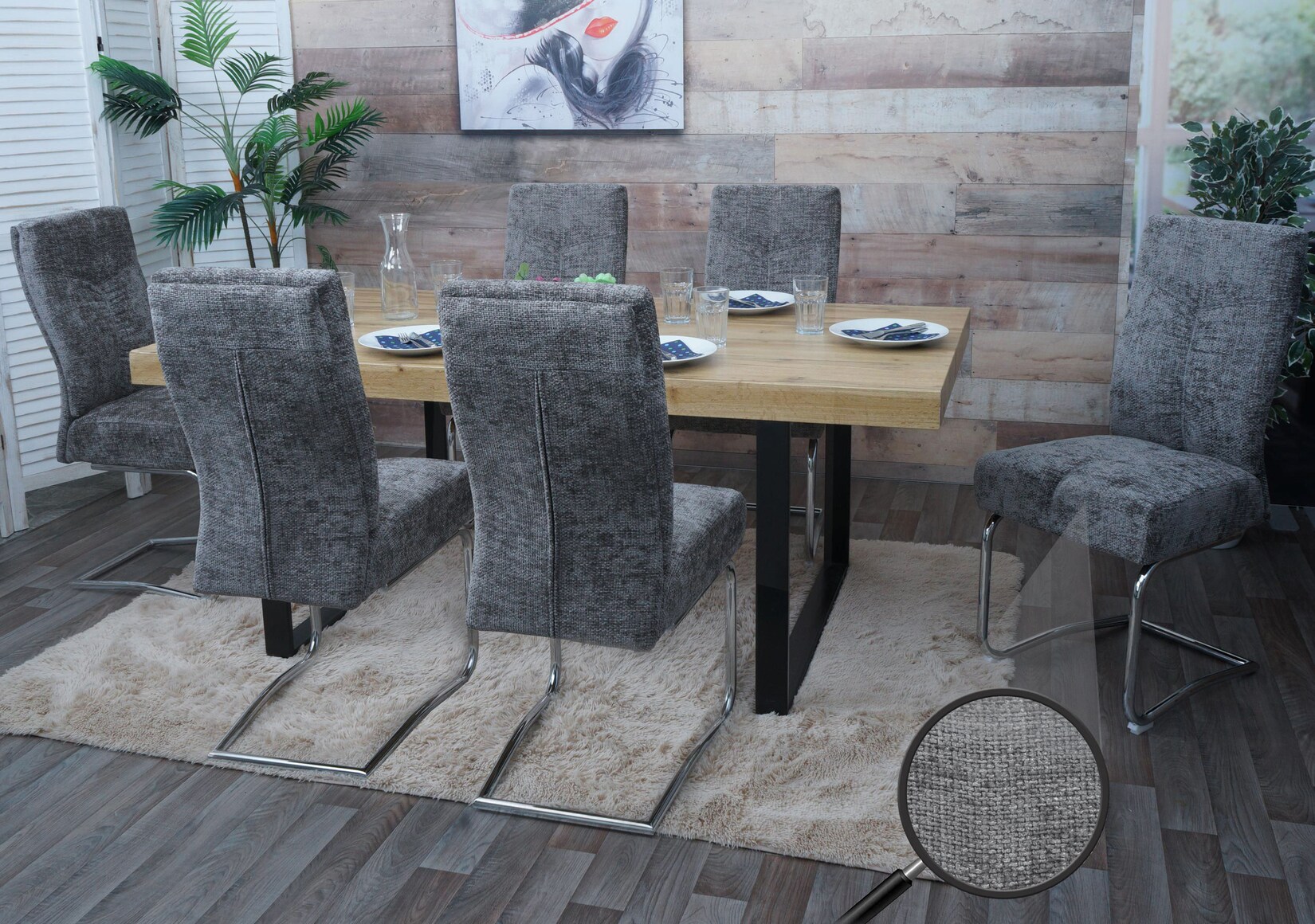 6er-Set Esszimmerstuhl MCW-G56, Küchenstuhl Freischwinger Stuhl Lehnstuhl, Metall Stoff/Textil Chenille ~ dunkelgrau | 04057651862989