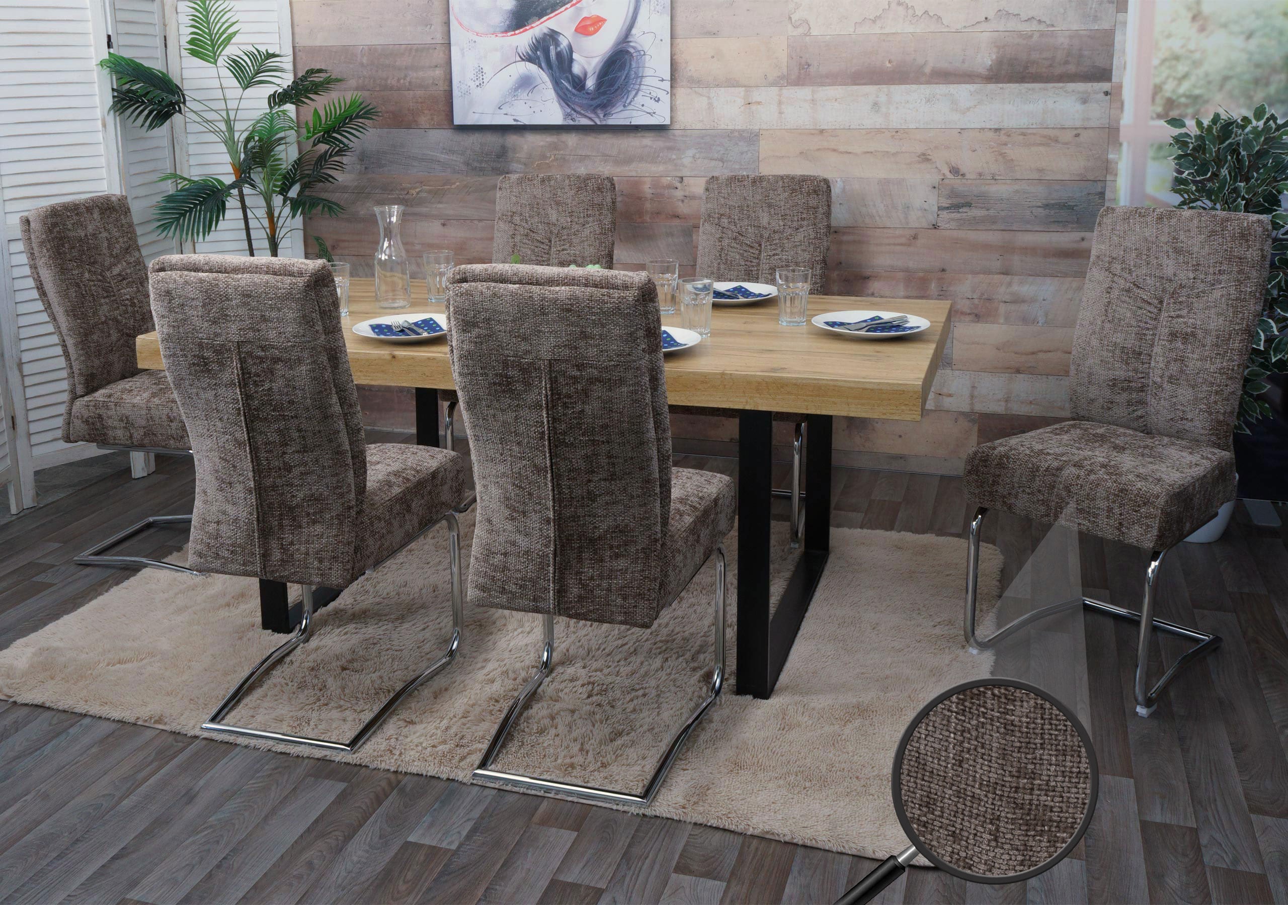 6er-Set Esszimmerstuhl MCW-G56, K&uuml;chenstuhl Freischwinger Stuhl Lehnstuhl, Metall Stoff/Textil Chenille ~ braun - Bild 1