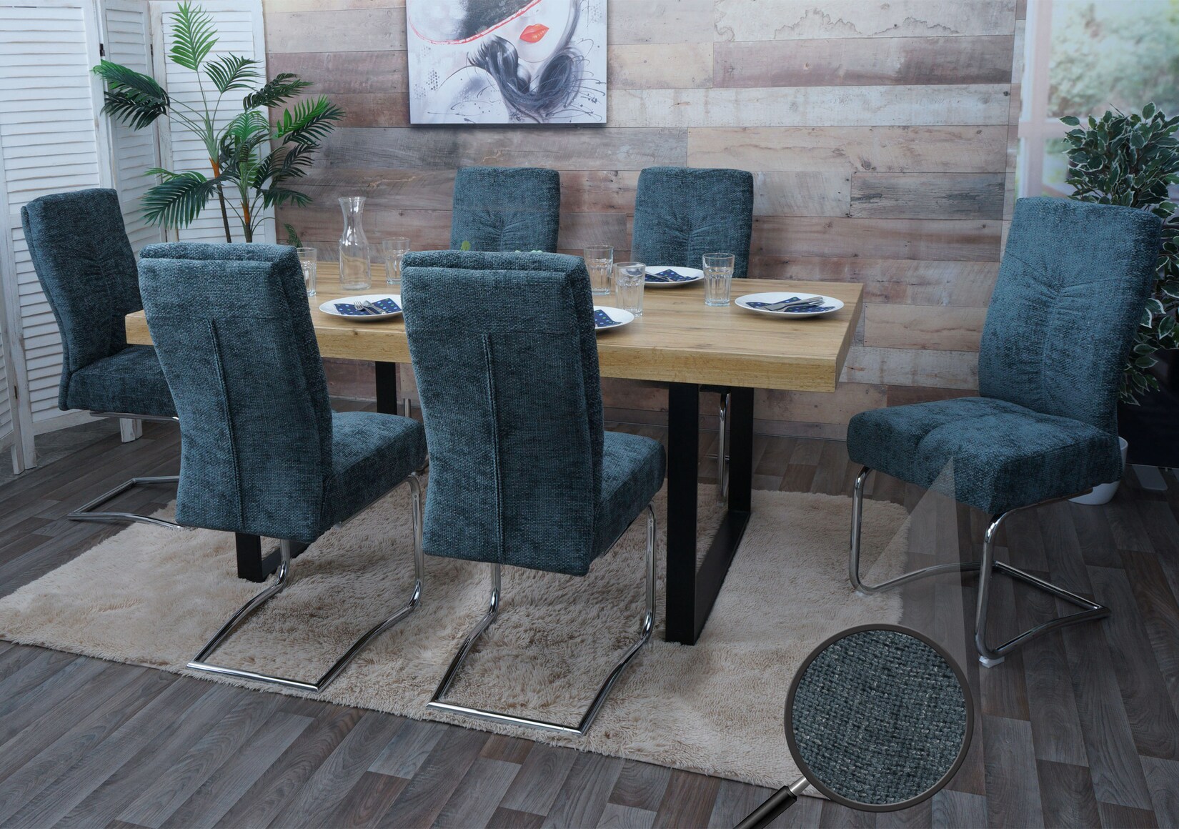 6er-Set Esszimmerstuhl MCW-G56, Küchenstuhl Freischwinger Stuhl Lehnstuhl, Metall Stoff/Textil Chenille ~ blau-grün