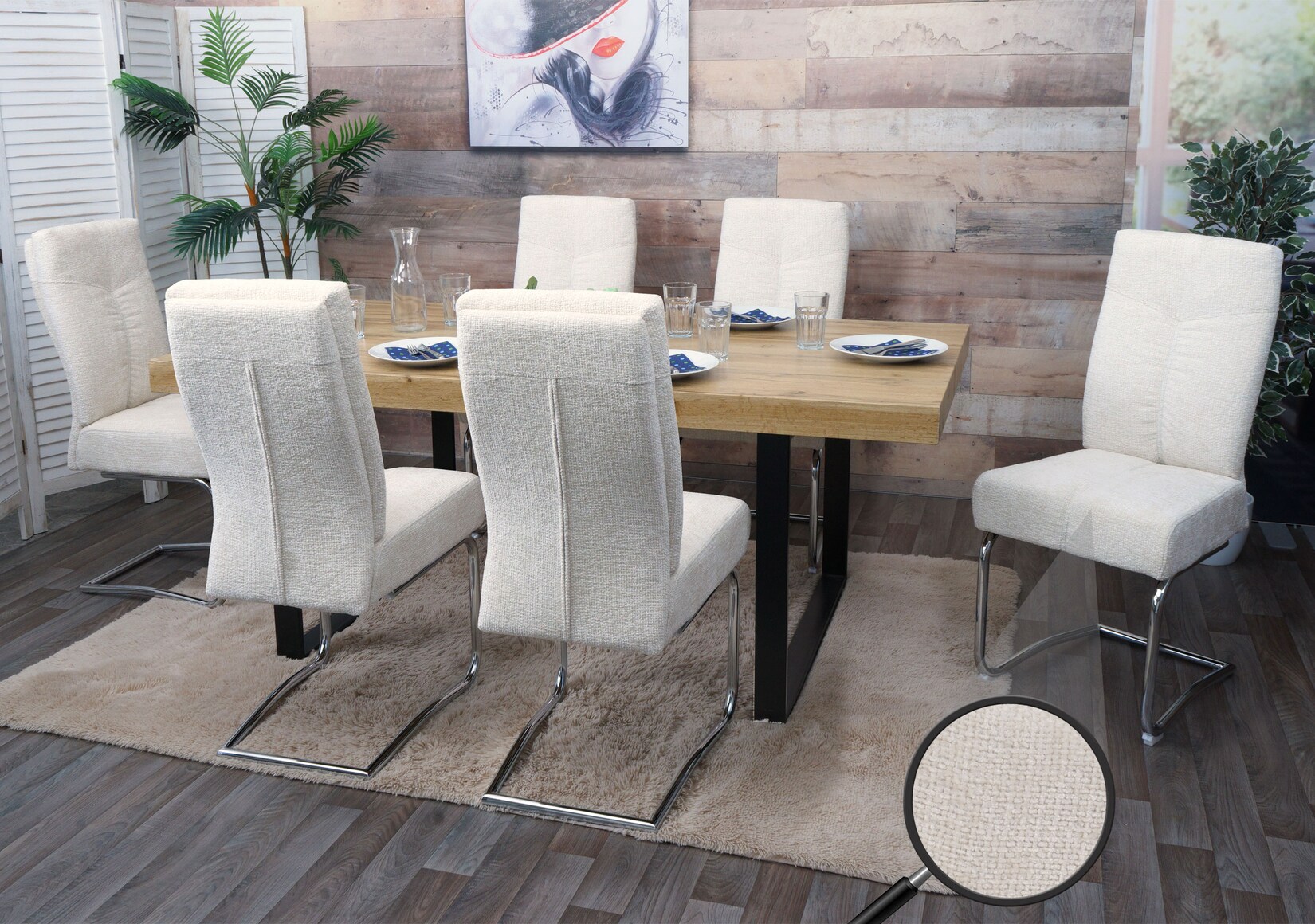 6er-Set Esszimmerstuhl MCW-G56, Küchenstuhl Freischwinger Stuhl Lehnstuhl, Metall Stoff/Textil Chenille ~ creme
